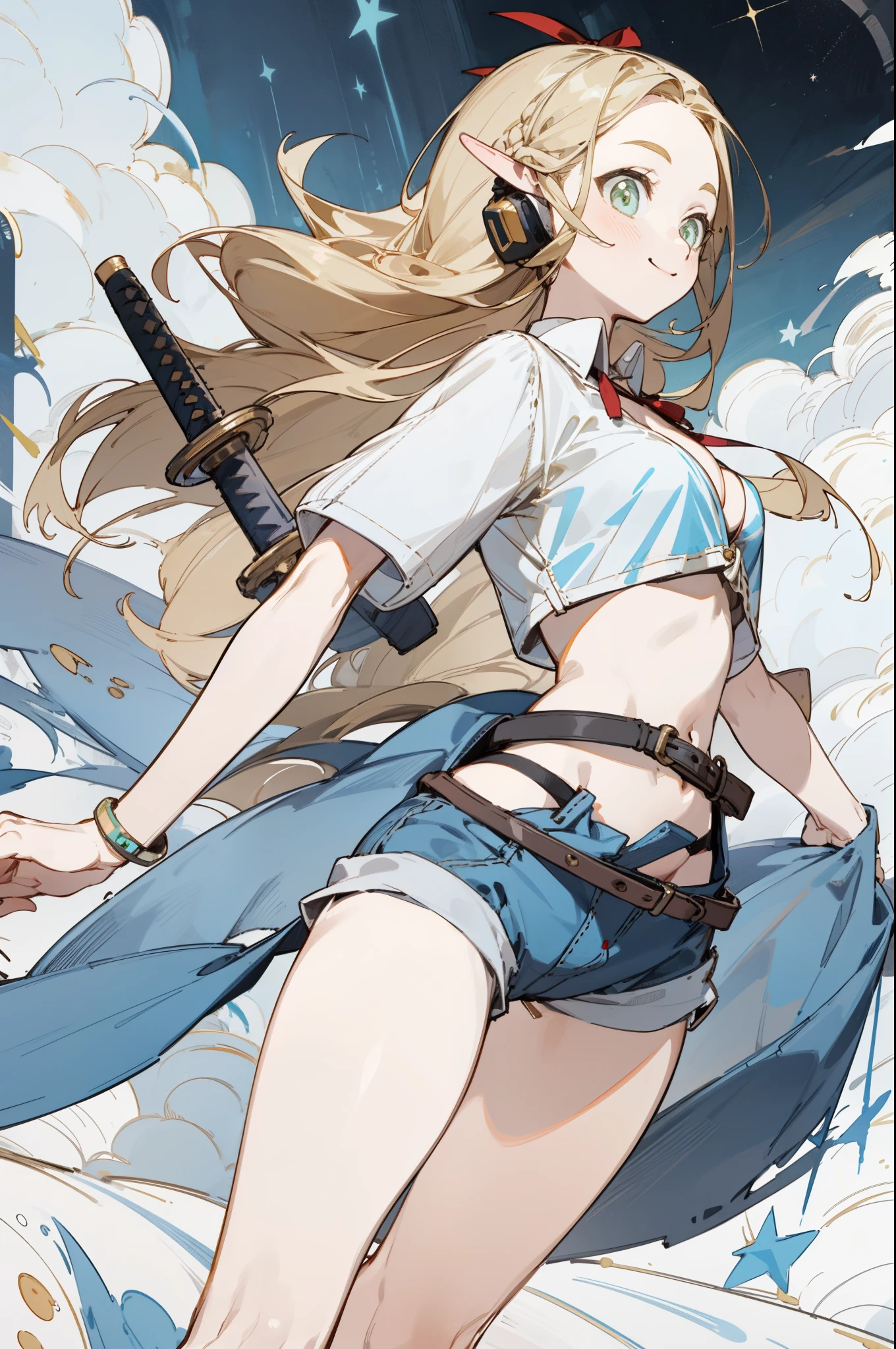 Wearing a bikini、Wearing a hat and a sword, Wearing headphones,(masterpiece, best quality) detailed,silver accessories , Blonde ,elegant, Pointed ears ,White shirt,shorts,Double tail,Waist-length hair,Smile,Star decoration,Barefoot
