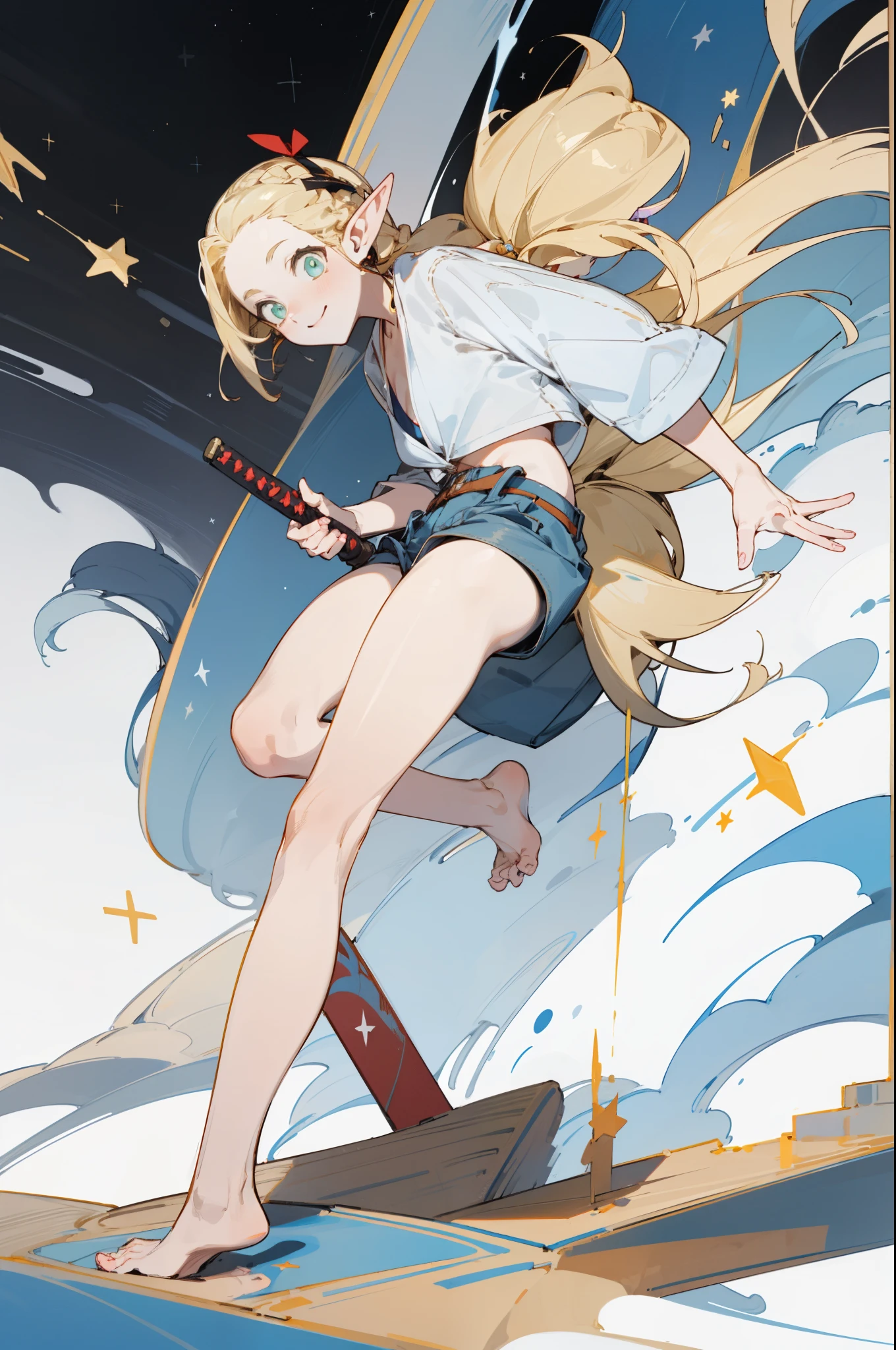 Wearing a bikini、Wearing a hat and a sword, Wearing headphones,(masterpiece, best quality) detailed,silver accessories , Blonde ,elegant, Pointed ears ,White shirt,shorts,Double tail,Waist-length hair,Smile,Star decoration,Barefoot