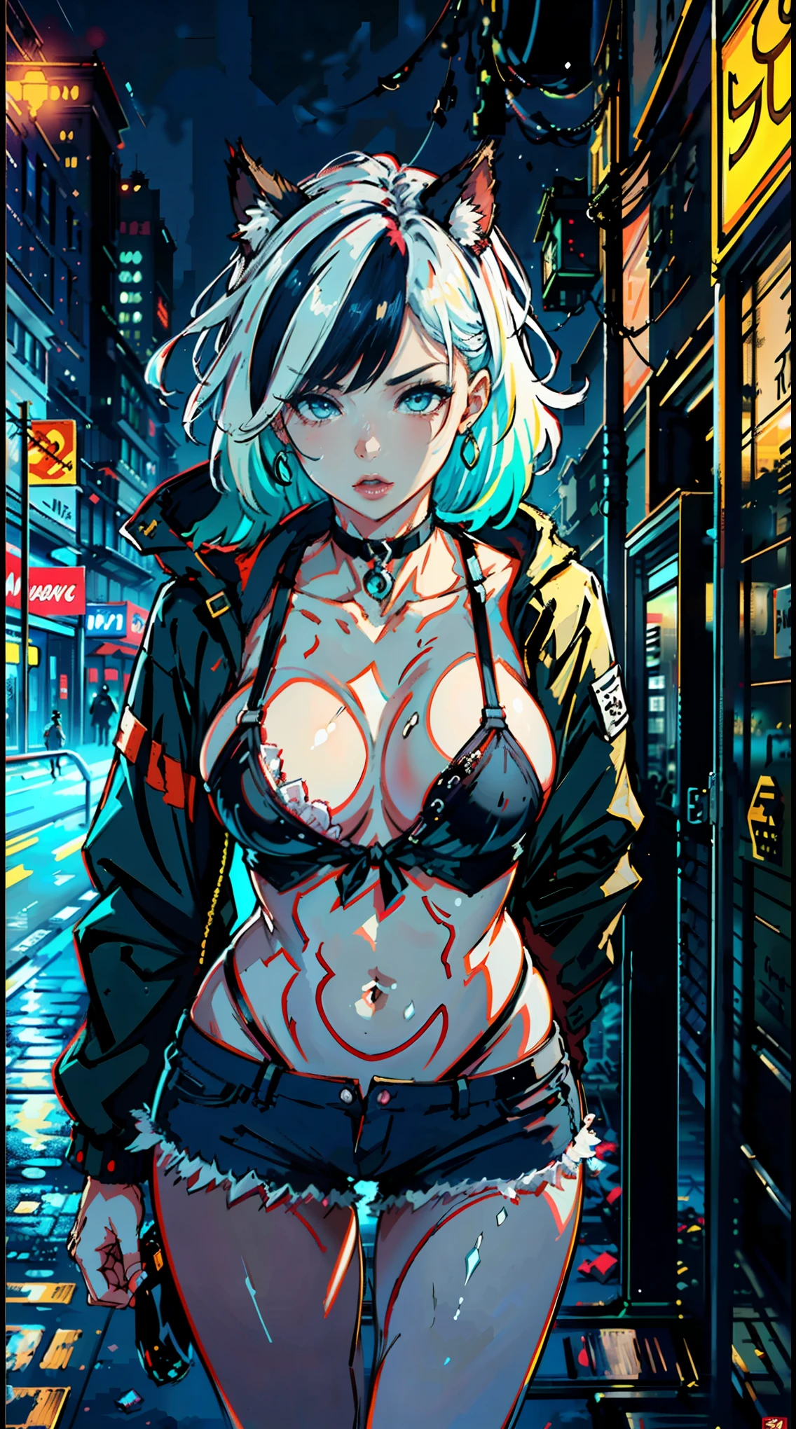 4k,CG Digital rendering,wallpaper,illustration,absurdres,Ultra HD,incredibly absurdres,masterpiece,amazing,finely detail,original,beautiful-detailed eyes,tyndall effect,dynamic angle,cyberpunk city,night, (1girl:1.5),(solo),((streetwear)),toon,medium breasts,nsfw,shorts,((Sexual suggestion)),(standing),leaning forward,earrings,cat_ears,ribbon choker,(cleavage),((colorful streaked hair)),((( gradient hair))), neon light,, ((painting, canvas, fine art)), detailedHDR, portrait, 50mm, F/2.8, 1m away，