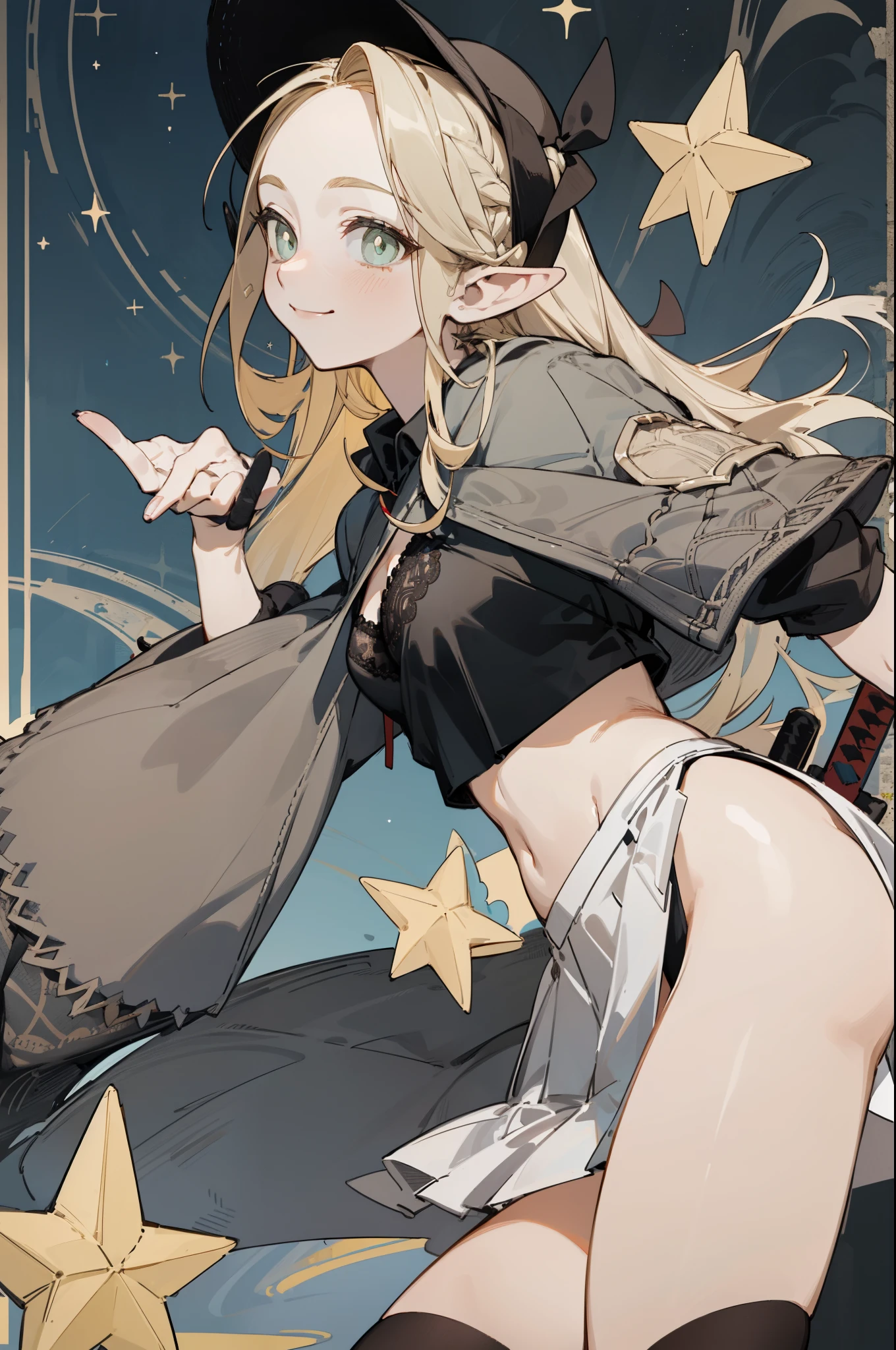 一个穿着黑色Deep V one-piece swimsuit、girl in a hat,(masterpiece, best quality) detailed,silver accessories , Blonde ,elegant, Pointed ears ,Deep V one-piece swimsuit,Double tail,Waist-length hair,Smile,Star decoration,White lace socks,thorns,Rose,Vest line