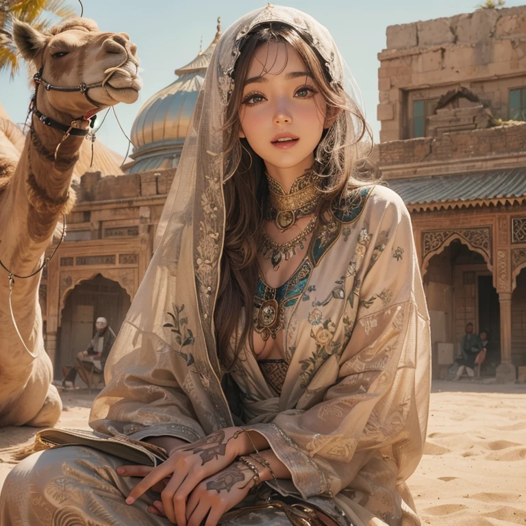 Hide in the desert、Hair flows、 ((highest quality、masterpiece、8k、best image quality、ultra high resolution、Award-winning work)、(accurate anatomy:1.1)、(look at me and smile:1.1)、Shining fair skin with ultra high resolution、most detailed face、ultra high resolution detailed face、ultra high resolutionの髪の毛、(ultra high resolutionの煌めく瞳:1.1)、Beautiful face drawn in every detail、(blurred background:1.1)、ancient Islamic clothes, chest together, tattoo, Old ruins in the background、ride a camel