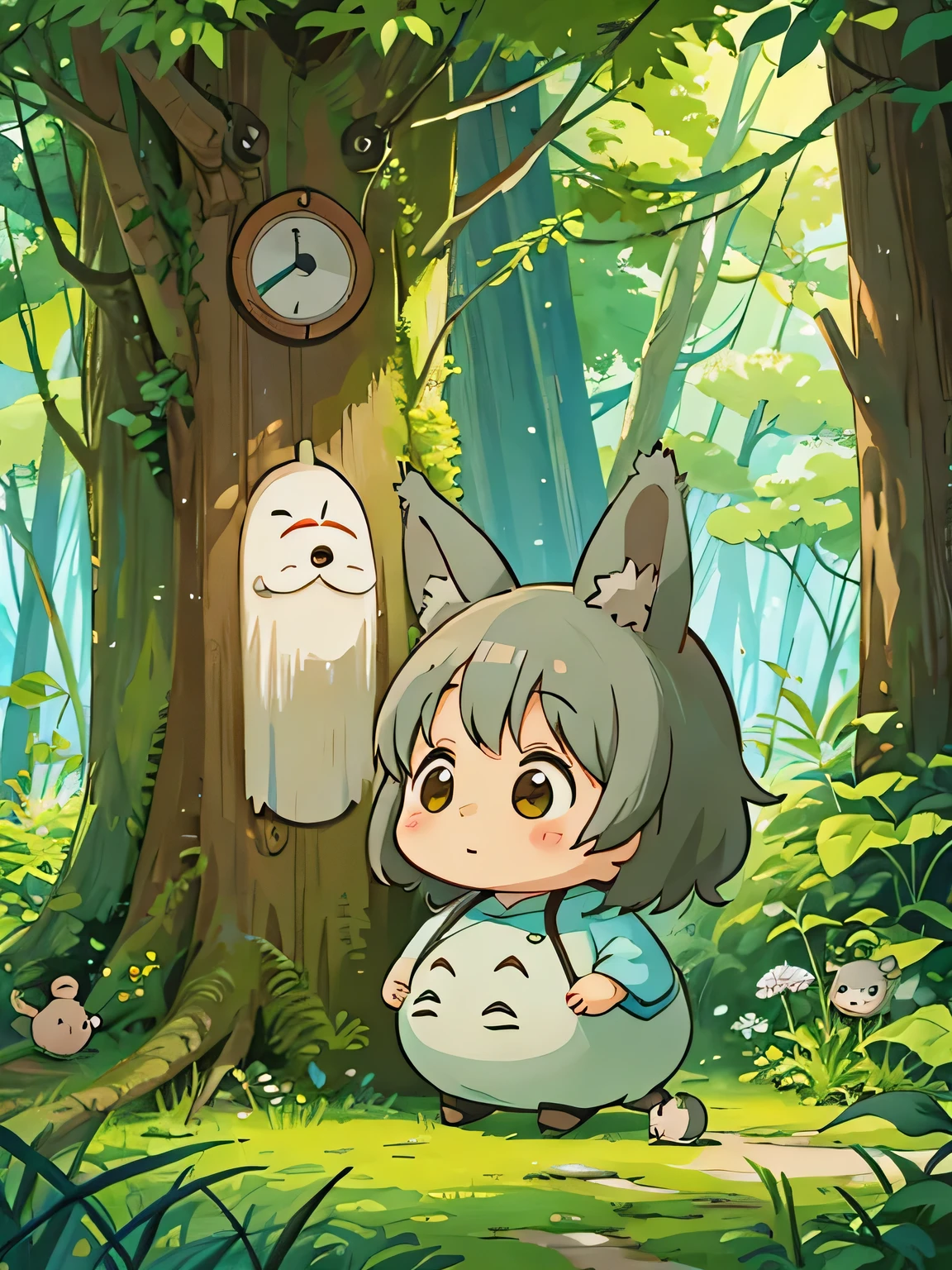 hayao miyazaki style, Kawaii Design, The most beautiful girl of all time、Chibi, Cute old man、play together、Totoro Forest