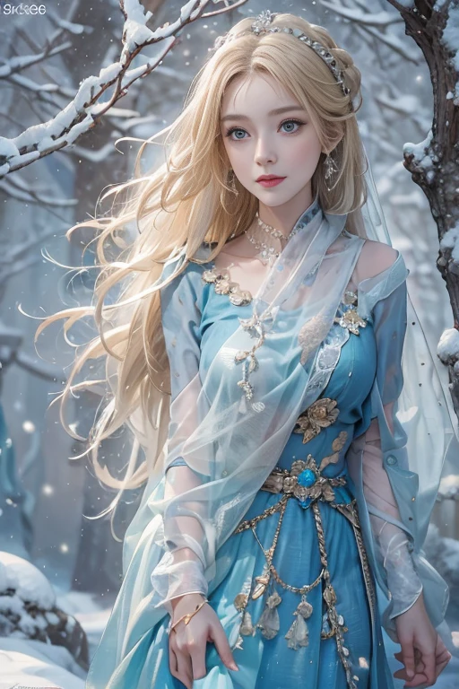 (photorealistic:1.8, highest quality:1.8,8K masterpiece:1.8,High resolution,muste piece:1.8),A 23-year-old woman standing on a snow mountain,fantasy,(transparent dresini skirt,Transparent Shawl、Elegant earrings、choker), beautiful detailed blue eyes:1.7,double eyelid:1.6,beautiful skin:1.8, (looking at the camera:1.2),(Photo seen from below:1.3),(long Hair:1.2,beautiful shining blonde hair:1.5), expression(Impish Smile:1.3,face turns red:1.3),(Moderate chest:1.3),Pause(Seductive pose:1.5),background(snow scene:1.5,snow mountain:1.3,fairyland forest),(slender:1.2),(detailed perfect face),normal hands:1.5,normal finger:1:5,normal feet:1.5,(cameltoe)