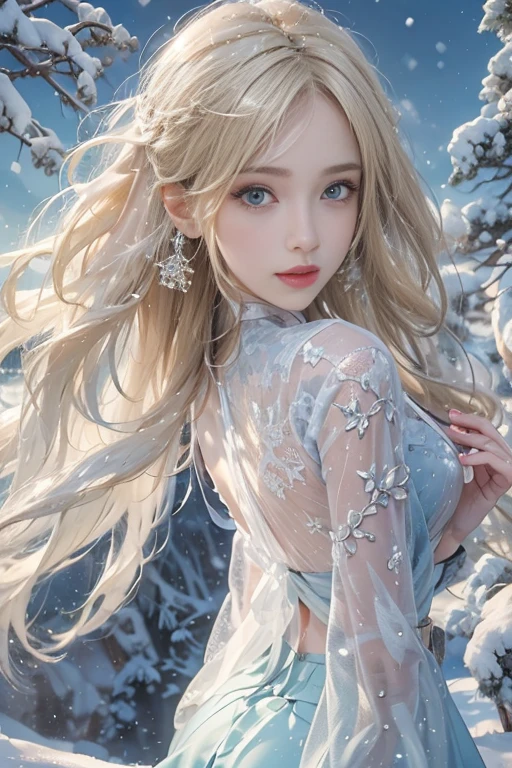 (photorealistic:1.8, highest quality:1.8,8K masterpiece:1.8,High resolution,muste piece:1.8),A 23-year-old woman standing on a snow mountain,fantasy,(transparent dresini skirt,Transparent Shawl、Elegant earrings、choker), beautiful detailed blue eyes:1.7,double eyelid:1.6,beautiful skin:1.8, (looking at the camera:1.2),(Photo seen from below:1.3),(long Hair:1.2,beautiful shining blonde hair:1.5), expression(Impish Smile:1.3,face turns red:1.3),(Moderate chest:1.3),Pause(Seductive pose:1.5),background(snow scene:1.5,snow mountain:1.3,fairyland forest),(slender:1.2),(detailed perfect face),normal hands:1.5,normal finger:1:5,normal feet:1.5,(cameltoe)