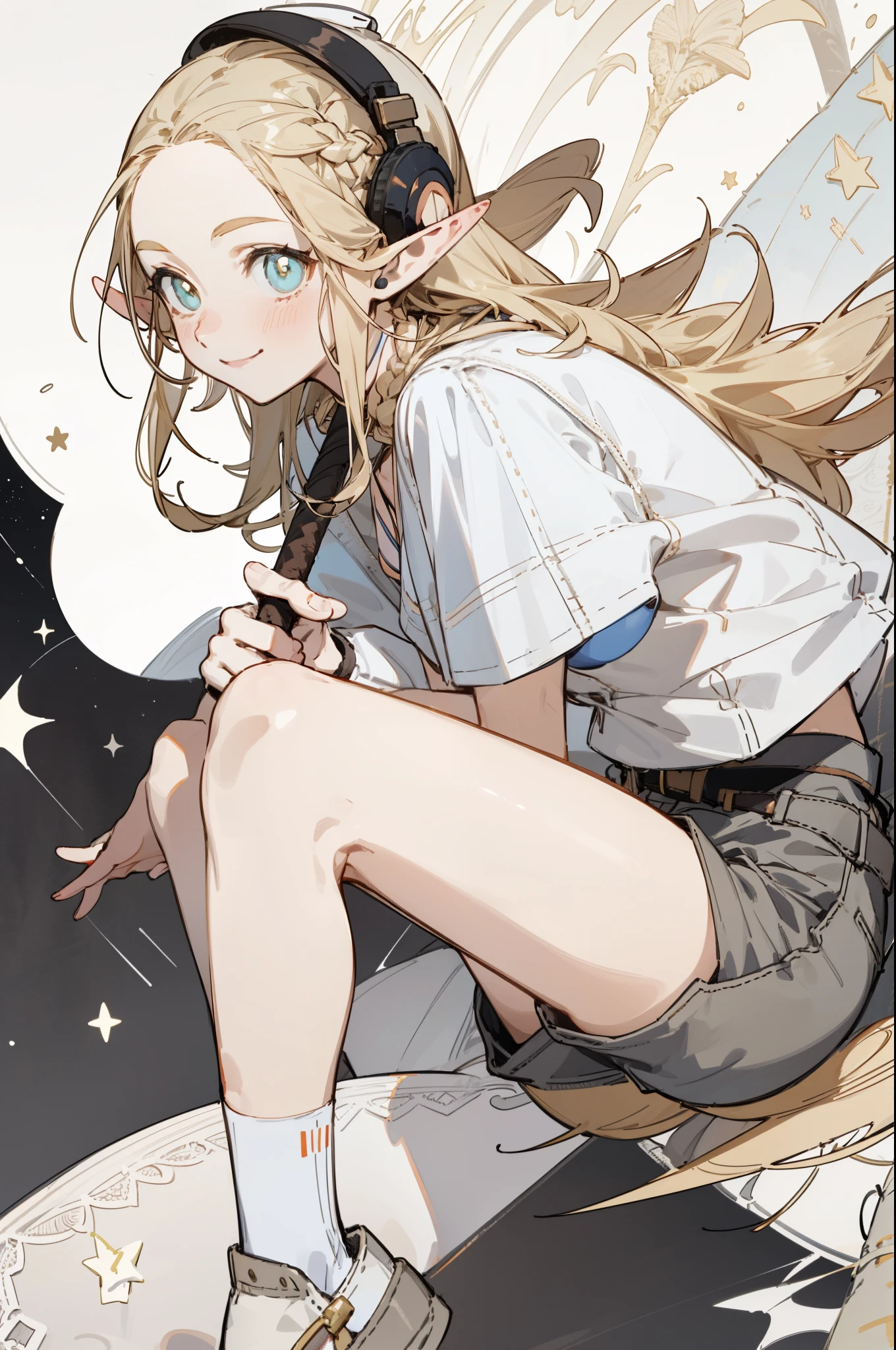 Wearing a bikini、Wearing a hat and a sword, Wearing headphones,(masterpiece, best quality) detailed,silver accessories , Blonde ,elegant, Pointed ears ,White shirt,shorts,Double tail,Waist-length hair,Smile,Star decoration,White lace socks