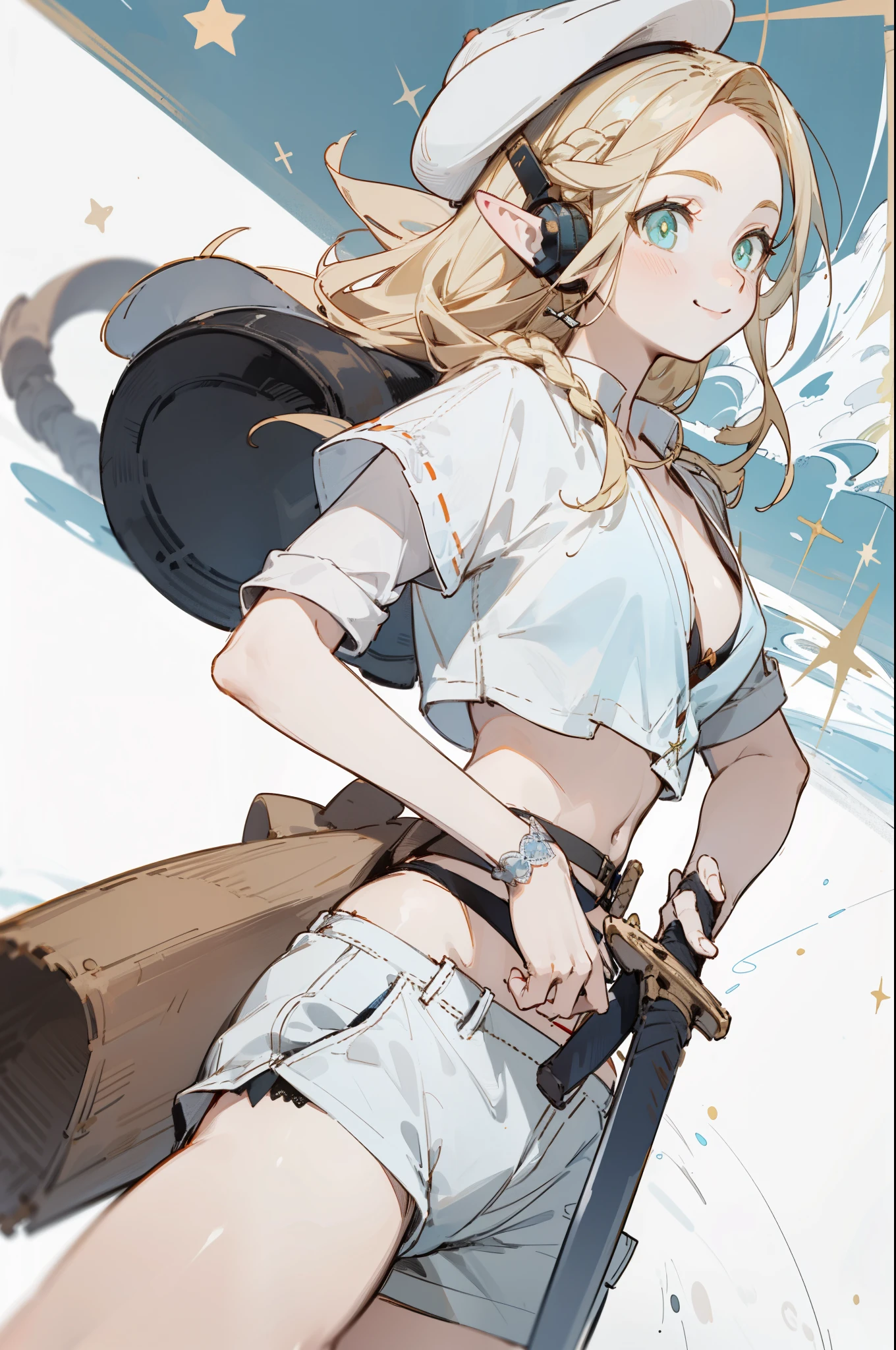 Wearing a bikini、Wearing a hat and a sword, Wearing headphones,(masterpiece, best quality) detailed,silver accessories , Blonde ,elegant, Pointed ears ,White shirt,shorts,Double tail,Waist-length hair,Smile,Star decoration,White lace socks