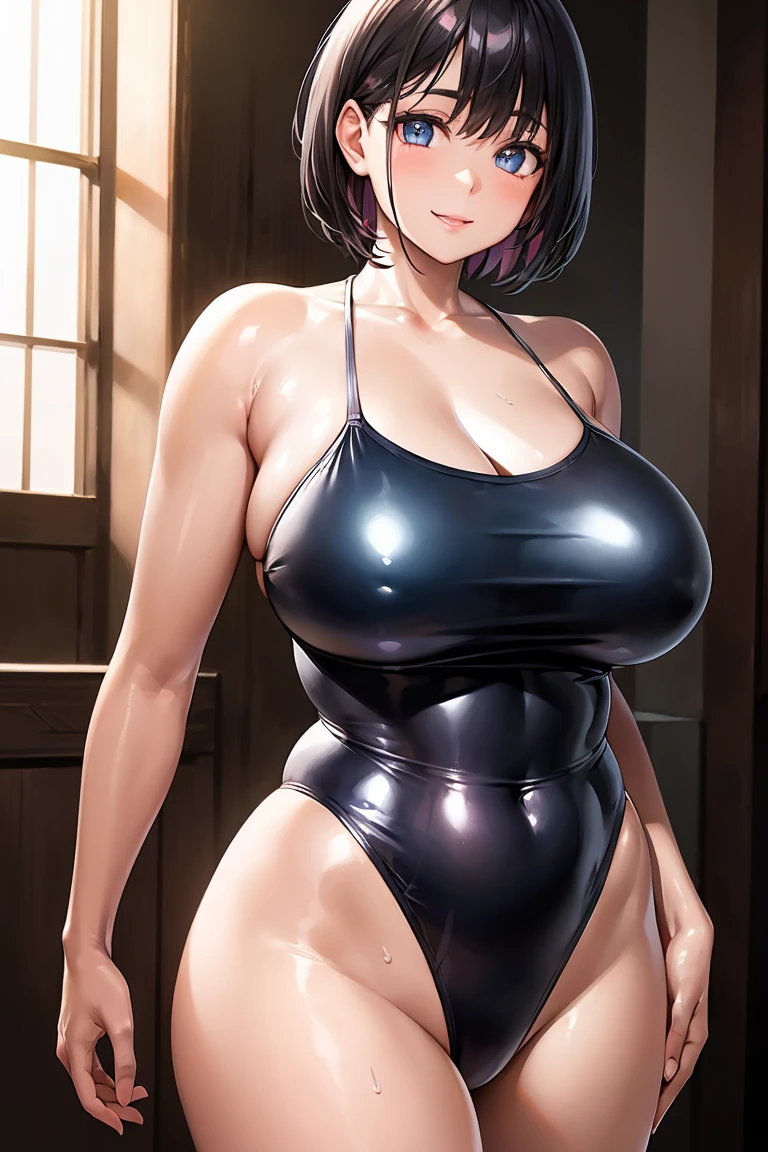 extremely detailed CG, super detailed skin, perfect anatomy, dynamic lighting, beautiful detailed eyes, Top quality、Realistic、woman、about 40 yo、Beautiful Eyes、Symmetrical eyes、A big smile、(Big breasts bigger than face、Plump body、Curvy Body:1)、Short Hair、Black Hair、Iris、 (Glossy metallic swimsuit, Ultra-thin smooth fabric swimwear, Competition Swimwear, pink), (Shiny skin、Glowing Skin、High gloss skin:1.4)、Walking、