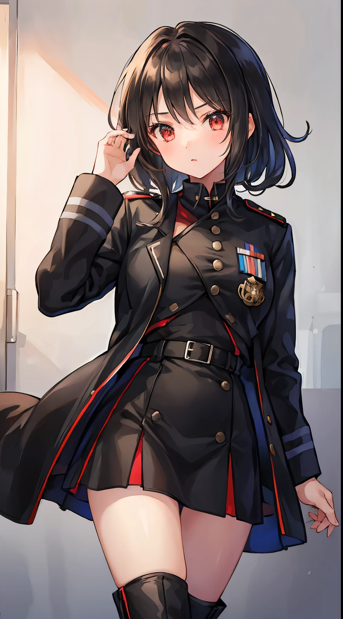 A girl in a military uniform that is mostly black with a red accent