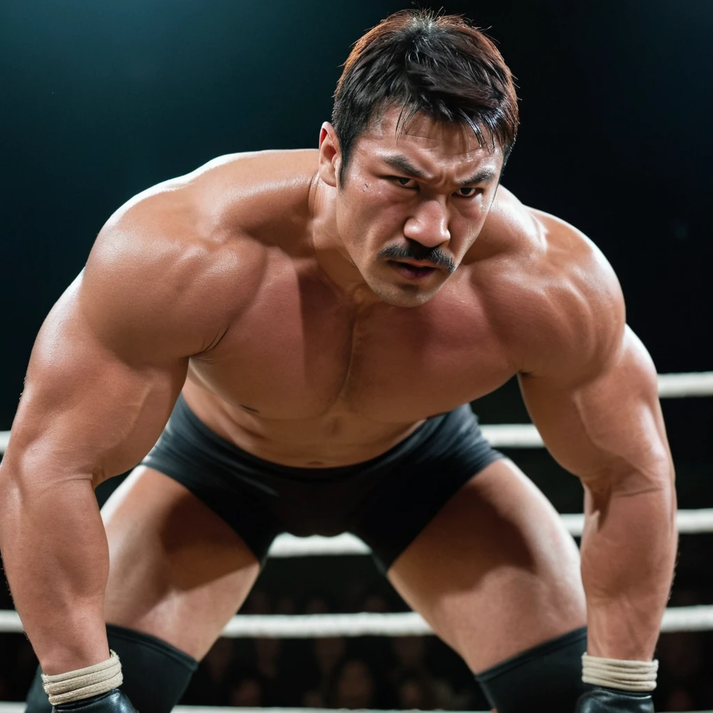 photo, 8k, sharp focus, 1man, japanese, male actor, heavy weight muscular, black wrestling brief, solo, topless, fighting stance, hollywood action, masculine handsome guy, dramatic expression, dutch angle, wrestling ring