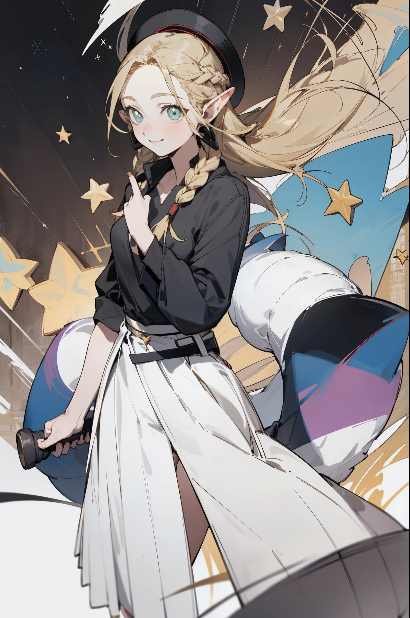 Wearing a black bikini、Wearing a hat and a sword, Wearing headphones,(masterpiece, best quality) detailed,silver accessories , Blonde ,elegant, Pointed ears ,Black shirt,Pleated Skirt,Double tail,Waist-length hair,Smile,Star decoration,