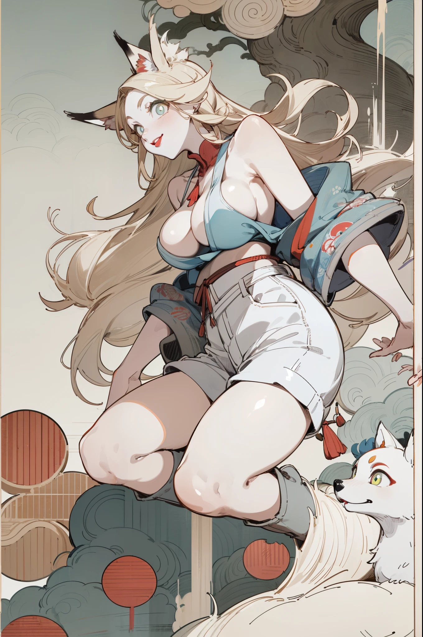 White skin, (Fox ears), Exquisite eyes,Red Eyeshadow, Red lips,White shorts,Fake laugh, Ukiyo-e, masterpiece, high quality, at the lowest limit, Tiny,White boots,Huge breasts,Bare shoulders