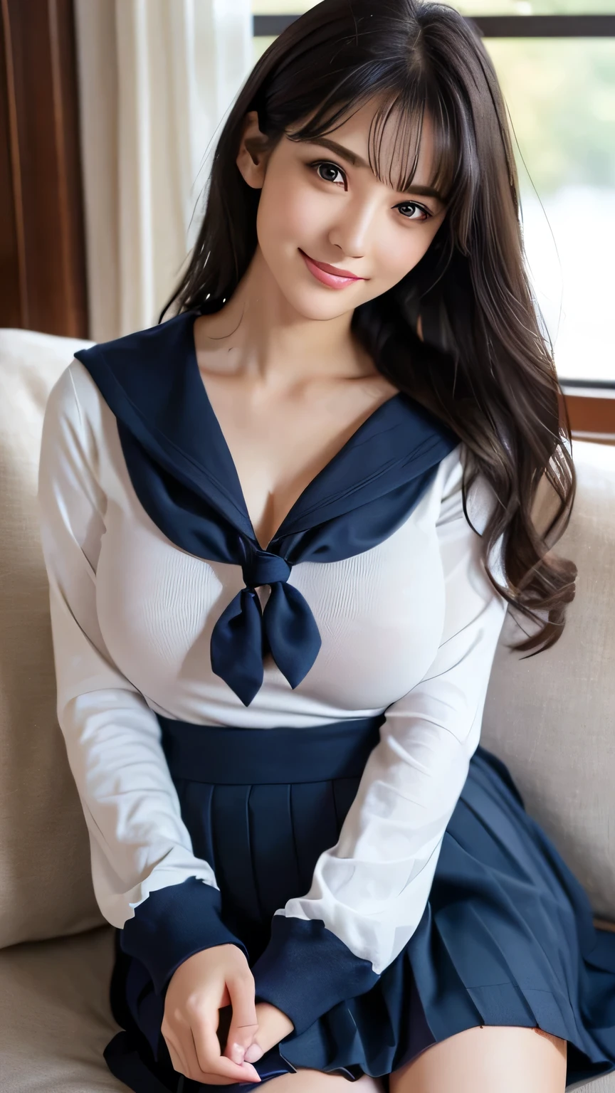 (masterpiece:1.2, highest quality, Ultra-high resolution, Super detailed), (Realistic, photoRealistic:1.4), Beautiful illustrations, (Natural Side Lighting, Cinema Lighting),
View your viewers, whole body, 1 girl, Japanese, high school girl, Perfect Face, (Perfect Anatomy), Cute and symmetrical face, Baby Face, Shiny skin, thin,
(short hair:1.1, Wavy Hair, Black Hair), Hair between the eyes, Droopy eyes, Big eyes, Long Eyelashes, (Large Breasts),
Beautiful Hair, Beautiful Face, Beautiful fine details, Beautiful clavicle, Beautiful body, Beautiful breasts, Beautiful thighs, Beautiful feet, Beautiful fingers,
(Detailed cloth texture, (Navy Clothes), Long sleeve navy sailor suit, Navy Pleated Skirt, Navy sailor collar, Dark Red Sailor Scarf), (White School Socks),
(Beautiful views), Daytime, (living room minimalist), sofa, (Smile, Upward glance),