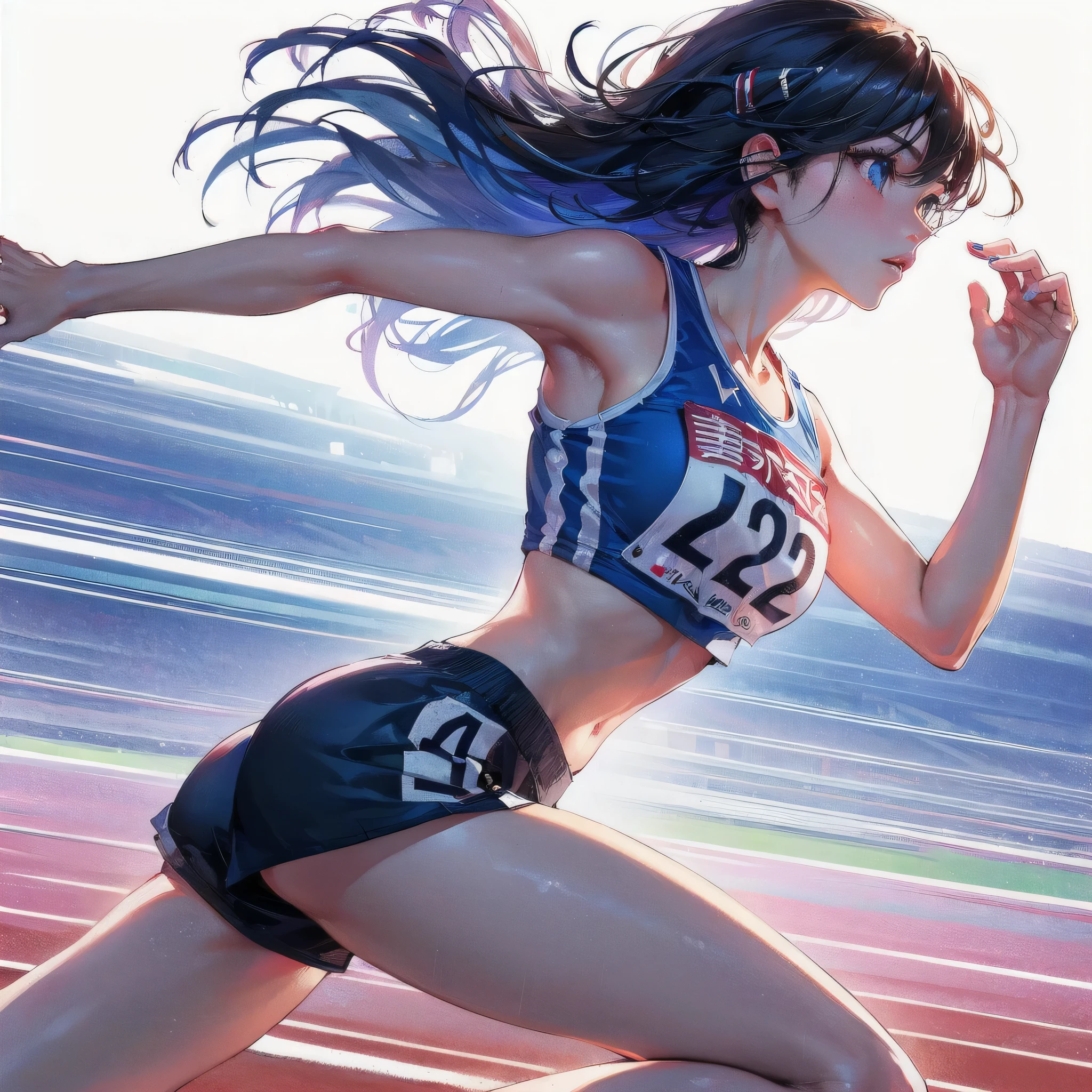 high quality,HD,16k,sharp lines,1 girl,Female track and field athlete ,cute face, large breasts, nice legs,At the track and field,focus girl,detailed beautiful face,detailed clothes,beautiful eyes,cool,dynamic angle