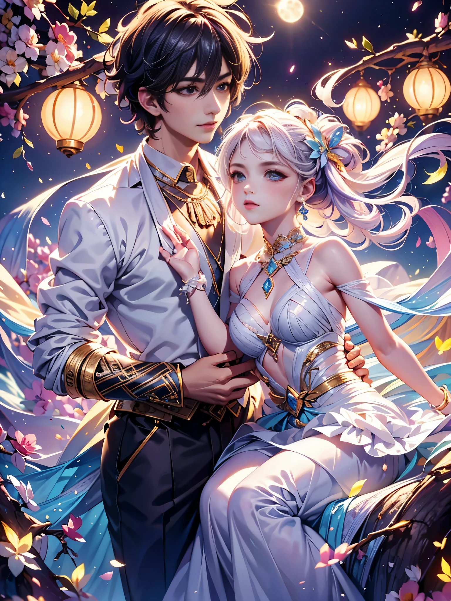 Romantic ancient style，night，Backlight，A man and a woman sitting on a tree branch，There is a full moon behind，Alexander，repeat，Fresh colors，Soft colors，Diode lamp，Concept art style，Extremely complex details，Clear distinction between light and dark，layered，Ultra HD