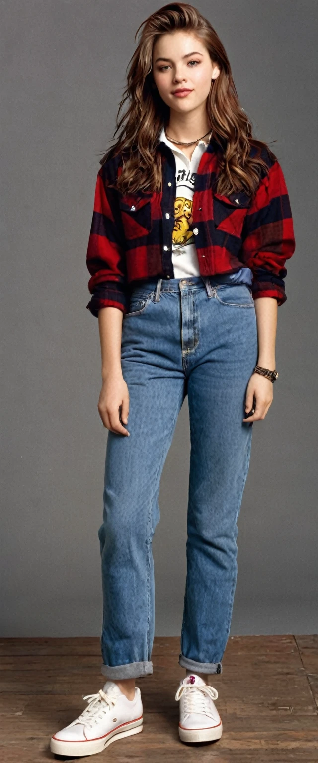 Beautiful brown hair girl  in the 1990  flannel shirts, baggy jeans, graphic tees, and chunky sneakers inspired by films like "Clueless" and "Empire Records." Grunge fashion, popularized by movies like "Singles" and bands like Nirvana, featured plaid shirts, ripped jeans, and combat boots. And let's not forget the preppy style seen in movies like "10 Things I Hate About You," with polo shirts, khakis, and varsity jackets making a comebac