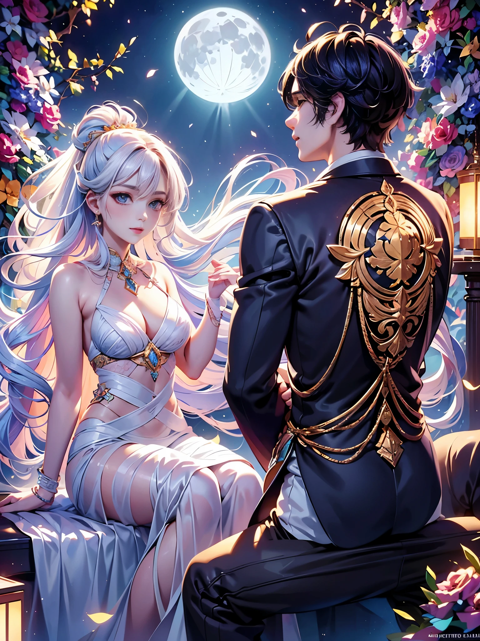 Romantic ancient style，night，Backlight，A man and a woman sitting on a tree branch，There is a full moon behind，Alexander，repeat，Fresh colors，Soft colors，Diode lamp，Concept art style，Extremely complex details，Clear distinction between light and dark，layered，Ultra HD
