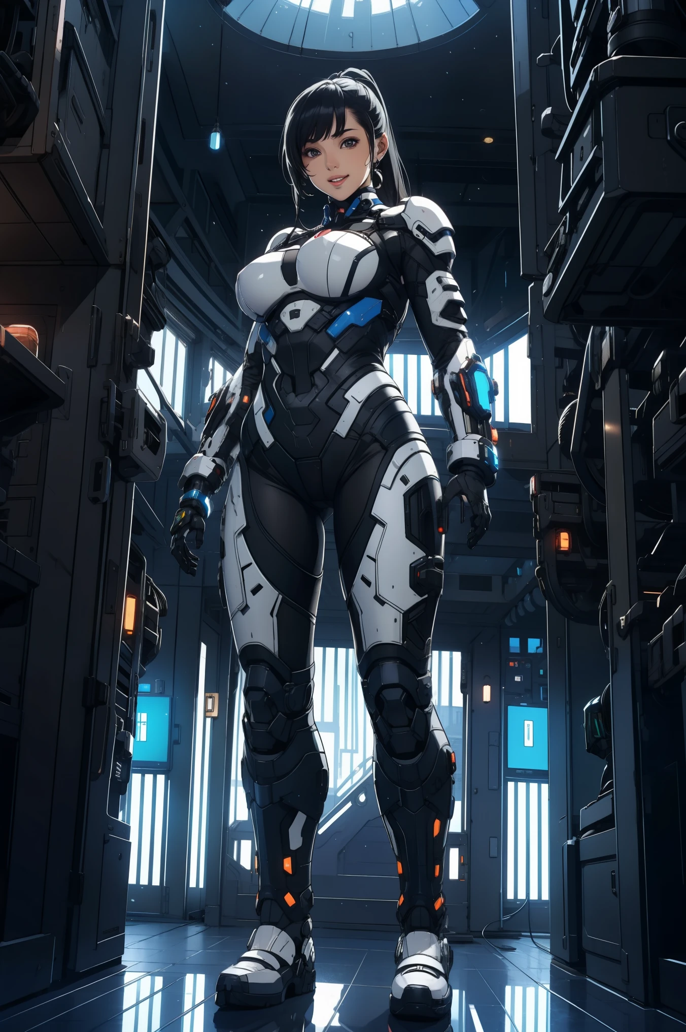 1 girl, black long hair ponytail, huge breast, mecha suit black color  full armor, smiling, arm at the hips, standing , at the centre of city, front view, looking to the viewer,  mouth open wide, fullbody shot, 