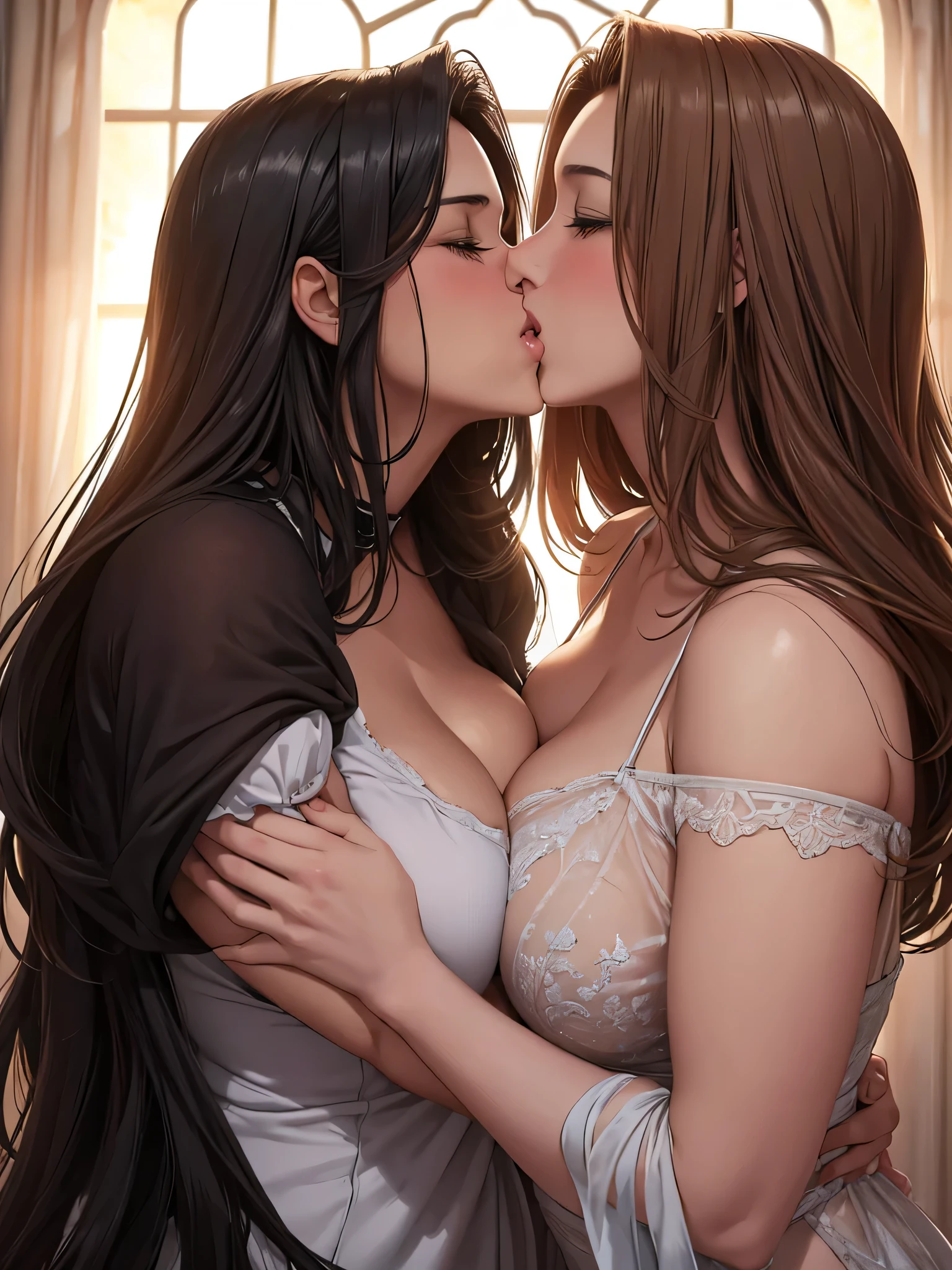 Amazing portrait of a woman and woman kissing each other in a room cutely with romance and kissing mouth to mouth and the kiss is yummy and they're making out in a wonderful scene they're a couple kissing with a lovely kiss which is a holy shot from movie as they're kissing together and kissing each other absolutely and they're very attractive