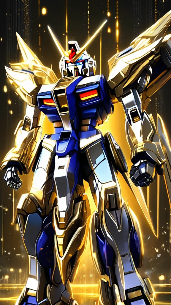 (((Gold Gundam))),armor,Etherpunk,Solitary,Watching_exist_Viewer,luminescent line,Glowing particles,blue_Eye,permanent,meshanyaogaoda,No Humanity,Solitary,No_Humanity,luminescent,,Mecha,luminescent_Eye,clasped_hand,_novel,direct,V-shaped fins,Mobile_Set,cinemexistic lighting,Strong contrast,Rich in details,best quality,masterpiece,(Neon background),(wide angle:1.4),Tyndall effect,,Extremely gorgeous metal style,Metal crown with ornexiste stripes,Various metals background,Sputtered molten iron,floexisting hair,Hair like melted metal,Clothes made of silver,Dress with gold lace,flowing gold and silver,Everything flows and melts,Liquid silver,Lace flows and melts,(((the Mecha body with a golden metallic luster))),9:16,epic scene,((Full size photo)), 