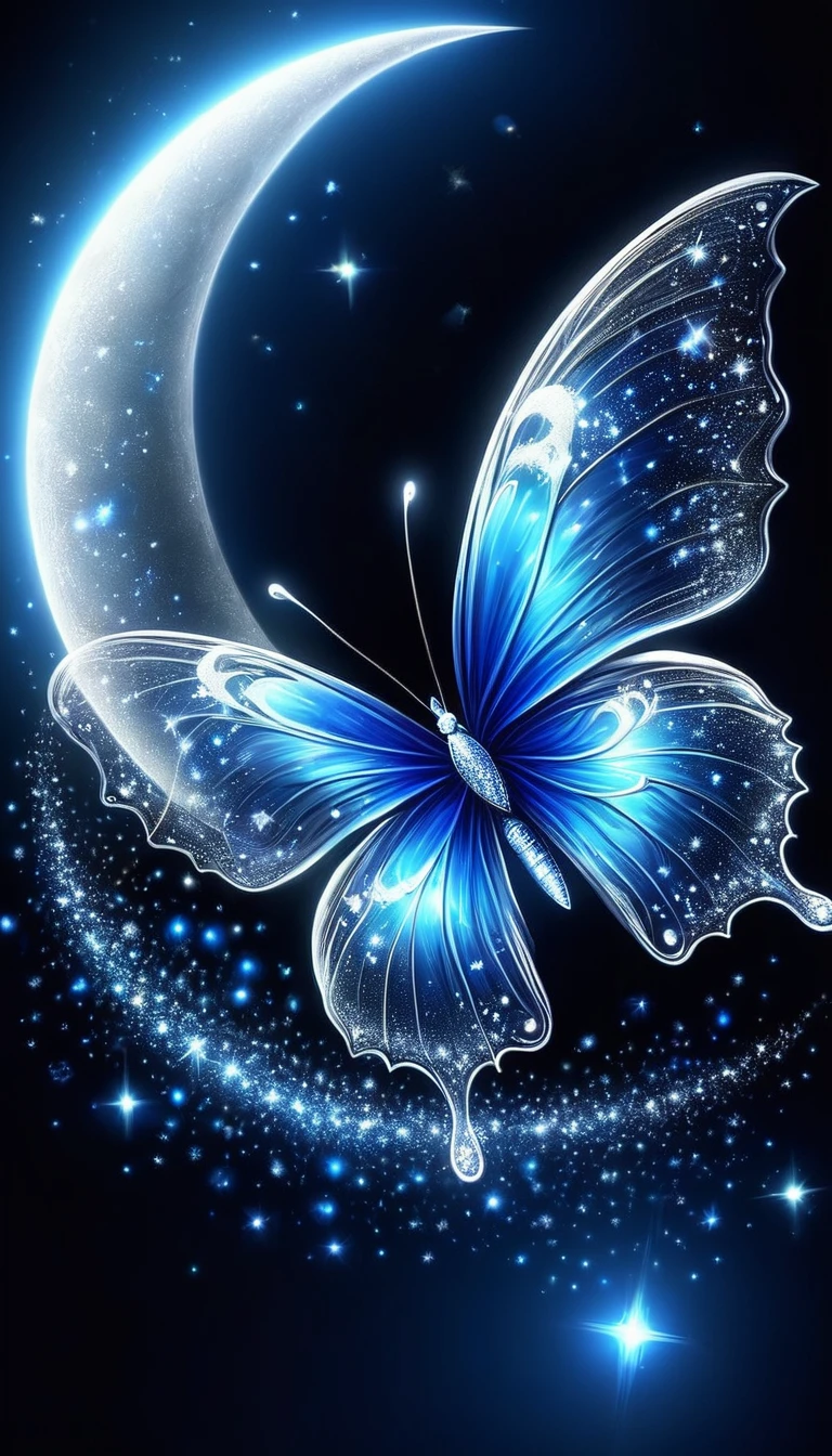 暗闇の中を羽ばたくbutterfly々Shine、As beautiful as a dream、It touches my heart..,butterfly々:Bright and transparent blue:Blue:Illumination:Shine,Dark Background,flash,とてもflash,masterpiece,最高masterpiece,Best Composition,Beautiful sight,dream-like,優しくShinebutterfly々,gracefully,Beautiful big crescent moon