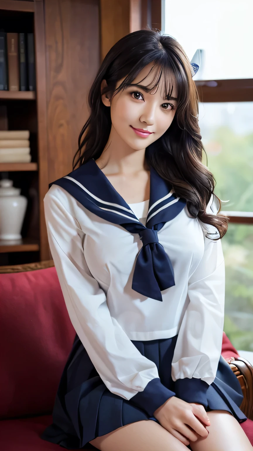 (masterpiece:1.2, highest quality, Ultra-high resolution, Super detailed), (Realistic, photoRealistic:1.4), Beautiful illustrations, (Natural Side Lighting, Cinema Lighting),
View your viewers, whole body, 1 girl, Japanese, high school girl, Perfect Face, (Perfect Anatomy), Cute and symmetrical face, Baby Face, Shiny skin, thin,
(short hair:1.1, Wavy Hair, Black Hair), Hair between the eyes, Droopy eyes, Big eyes, Long Eyelashes, (Large Breasts),
Beautiful Hair, Beautiful Face, Beautiful fine details, Beautiful clavicle, Beautiful body, Beautiful breasts, Beautiful thighs, Beautiful feet, Beautiful fingers,
(Detailed cloth texture, (Navy Clothes), Long sleeve navy sailor suit, Navy Pleated Skirt, Navy sailor collar, Dark Red Sailor Scarf), (White School Socks),
(Beautiful views), Daytime, (living room minimalist), sofa, (Smile, Upward glance),