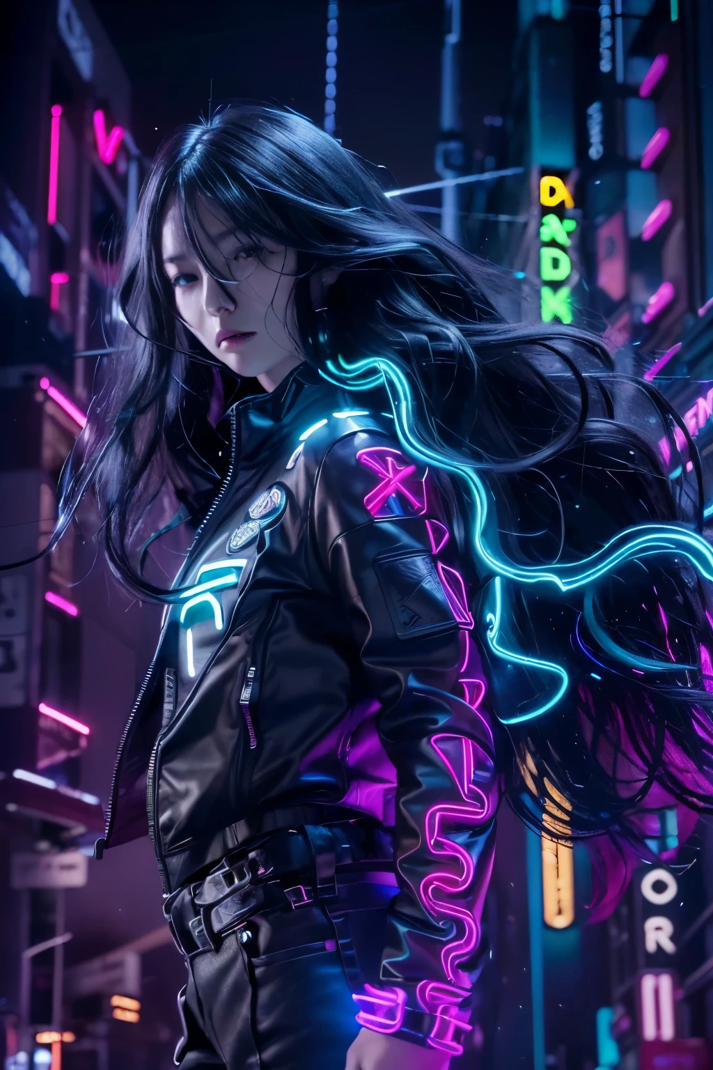 (Long black wavy hair with blue and purple neon lighting:1.2),(Full body photo:1.2) Best image quality, masterpiece, Ultra-high resolution, (Faithfulness:1.4), ((Cyberpunk characters)), Japanese women, Very beautiful face, Skinny, Small breasts,  Cyber Costume, Futuristic, ((Award-winning, ultra-realistic photography))，(Hyper Detail），(Intricate details），(High resolution CGI artwork 8k), LED Light, Atmospheric lighting, Illuminated by neon lights, (Dark city night、Black Background:1.4)