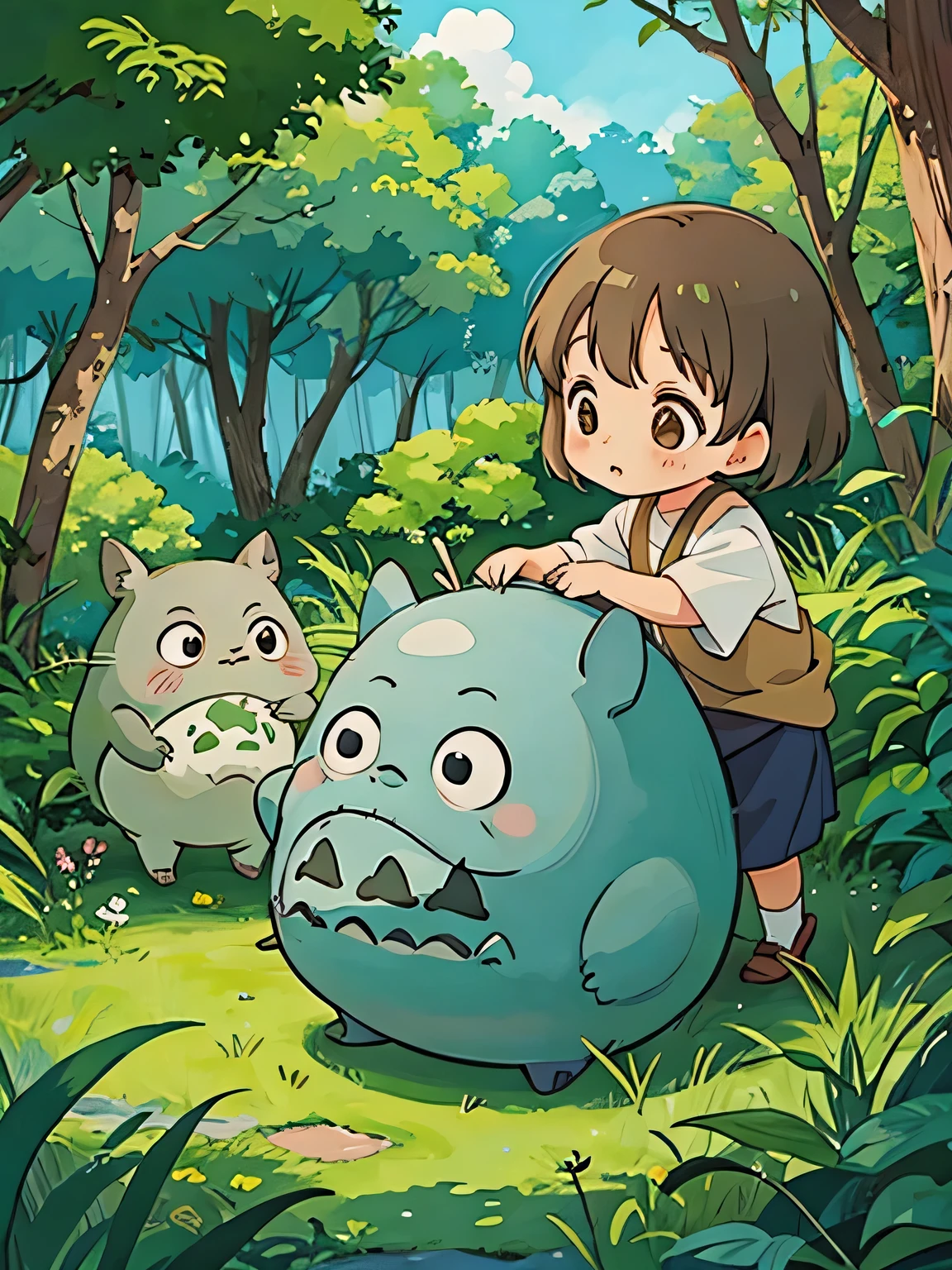 hayao miyazaki style, Kawaii Design, The most beautiful girl of all time、Chibi, Cute old man、play together、Totoro Forest