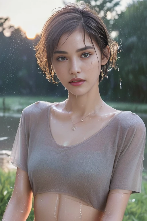 ((top-quality、8K、​masterpiece: 1.erfect Body Beauty: 1.4、Slender Abs: 1.2、Beautiful woman with slender abs:1.3、(Highlight Haircutreast B Cup:1.2), medium breast, round shape breast, perfect shape breast, ((( wear wet T-shirt)), pubic hair,hight pubic bone,  necklace, hyperdetailed face、18year old、 Pretty women、(Dark brown short-cut hair), Slim Face、Highly detailed facial and skin texture、very detailed lips、opens legs、top-quality、​masterpiece、超A high resolution、(Photorealsitic:1.4), walked forward confidently, long shot , (outdoor), bright background, sunset light,