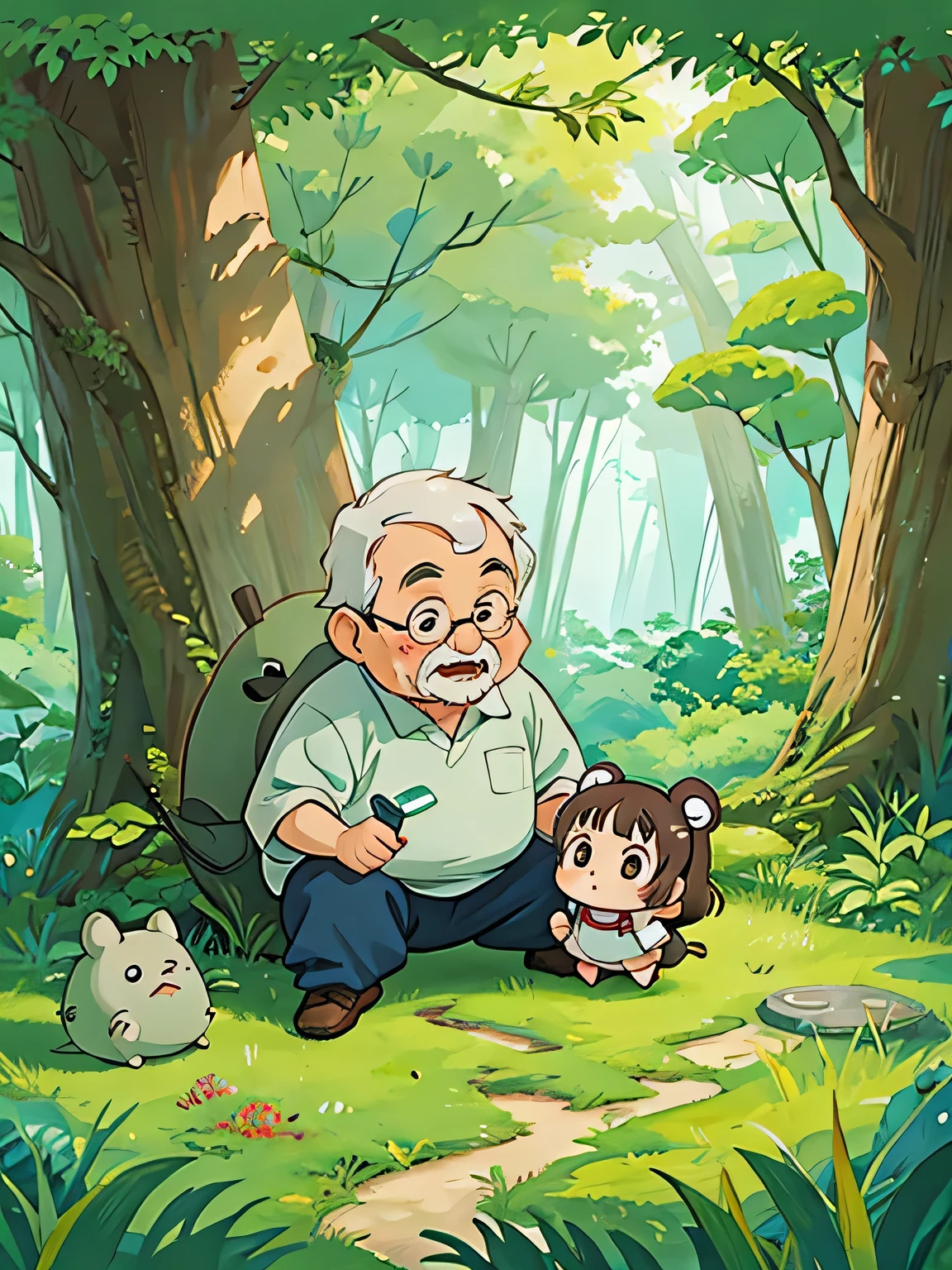 hayao miyazaki style, Kawaii Design, The most beautiful girl of all time、Chibi, Cute old man、play together、Totoro Forest