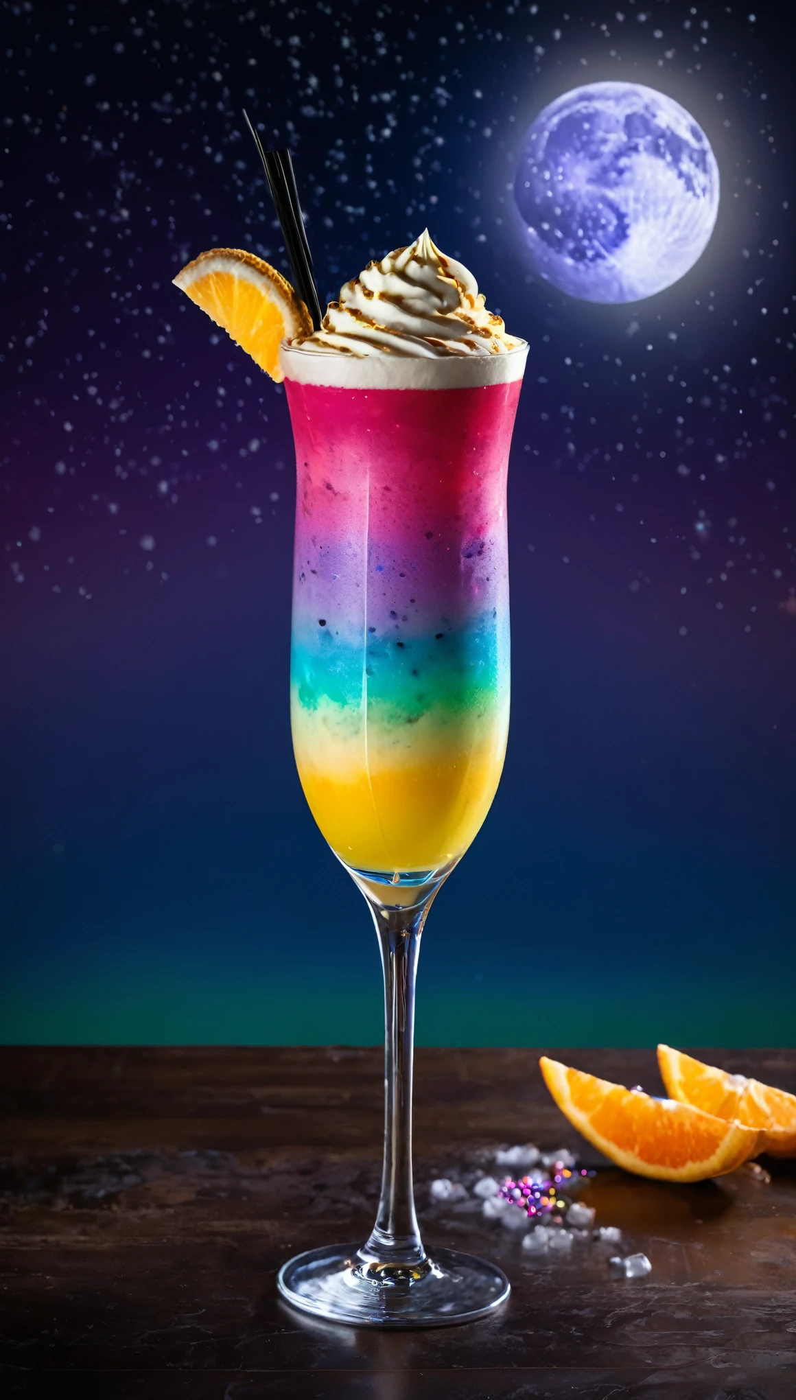 best quality, super fine, 16k, beautiful cocktail drink with many layers of color, long glass, beautifully colored cocktails, booth cafes, gradations, iridescent ice cream float toppings, works that look like product advertisements, background full moon in the night sky