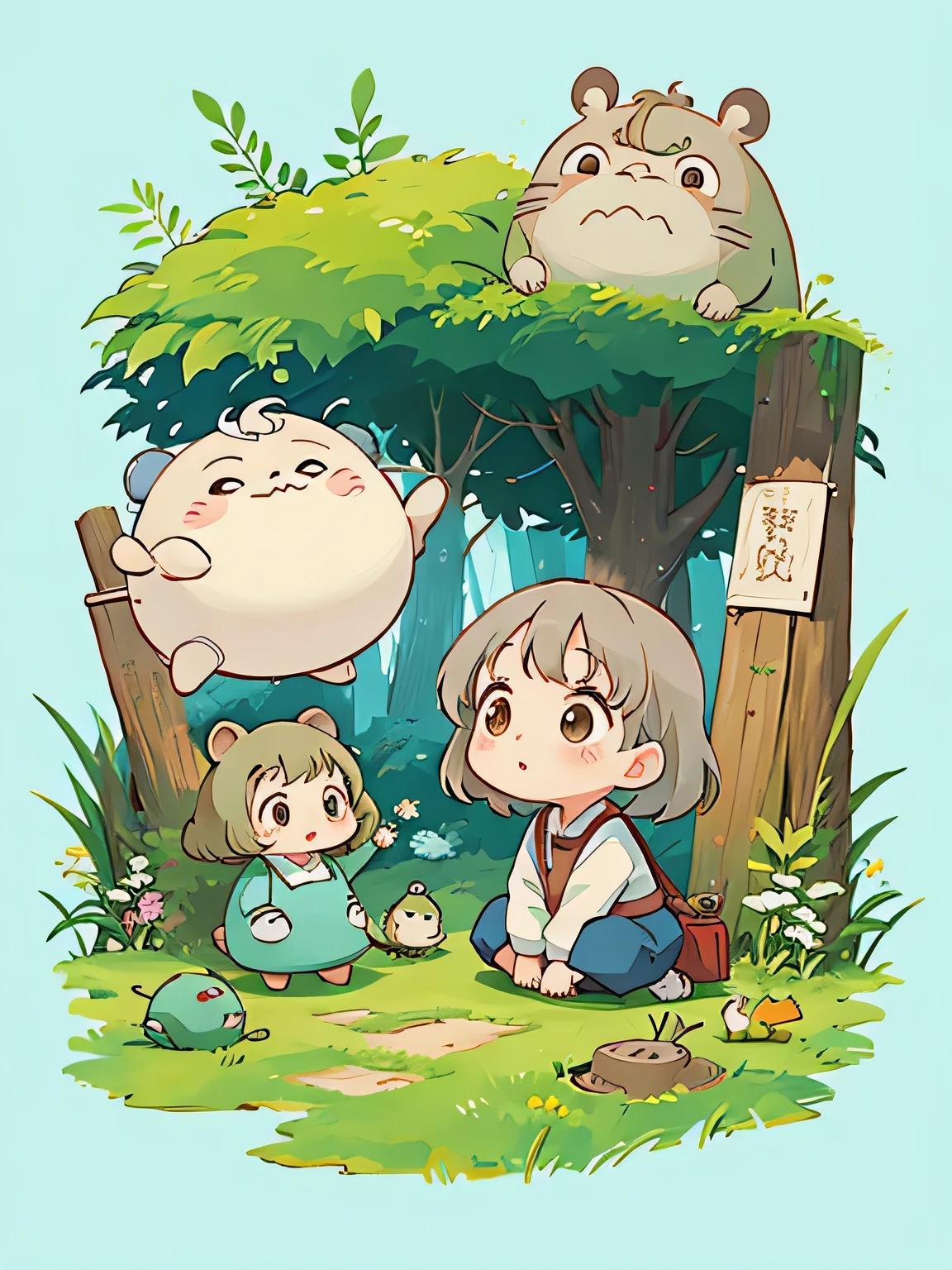 hayao miyazaki style, Kawaii Design, The most beautiful girl of all time、Chibi, Cute old man、play together、Totoro Forest