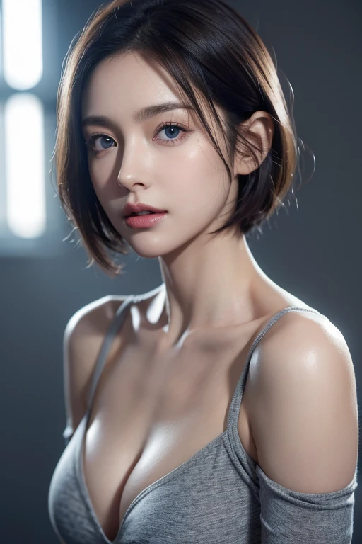Skin Tight Top:1.2, Looking at Viewer, Cinematic lighting, Perfect, softlight, High resolution skin:1.2, Realistic skin texture, 30 years old mature woman、Small face、no-makeup、 off shoulders,Bust B Cup、 Exposed cleavage, Small breasts、Blue eyes, Short hair, dark brown hair、Gray background、