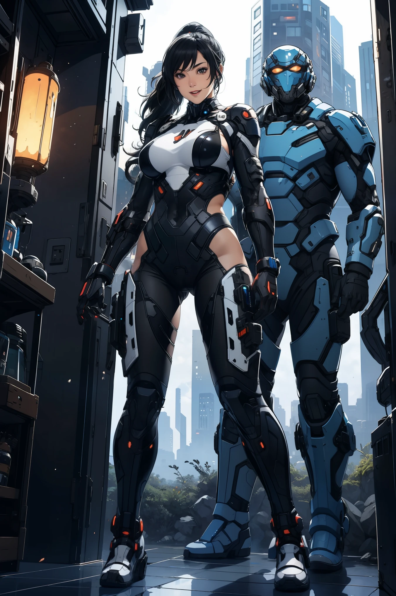 1 girl, black long hair ponytail, huge breast, mecha suit black color  full armor, smiling, arm at the hips, standing , at the centre of city, front view, looking to the viewer,  mouth open wide, fullbody shot, 