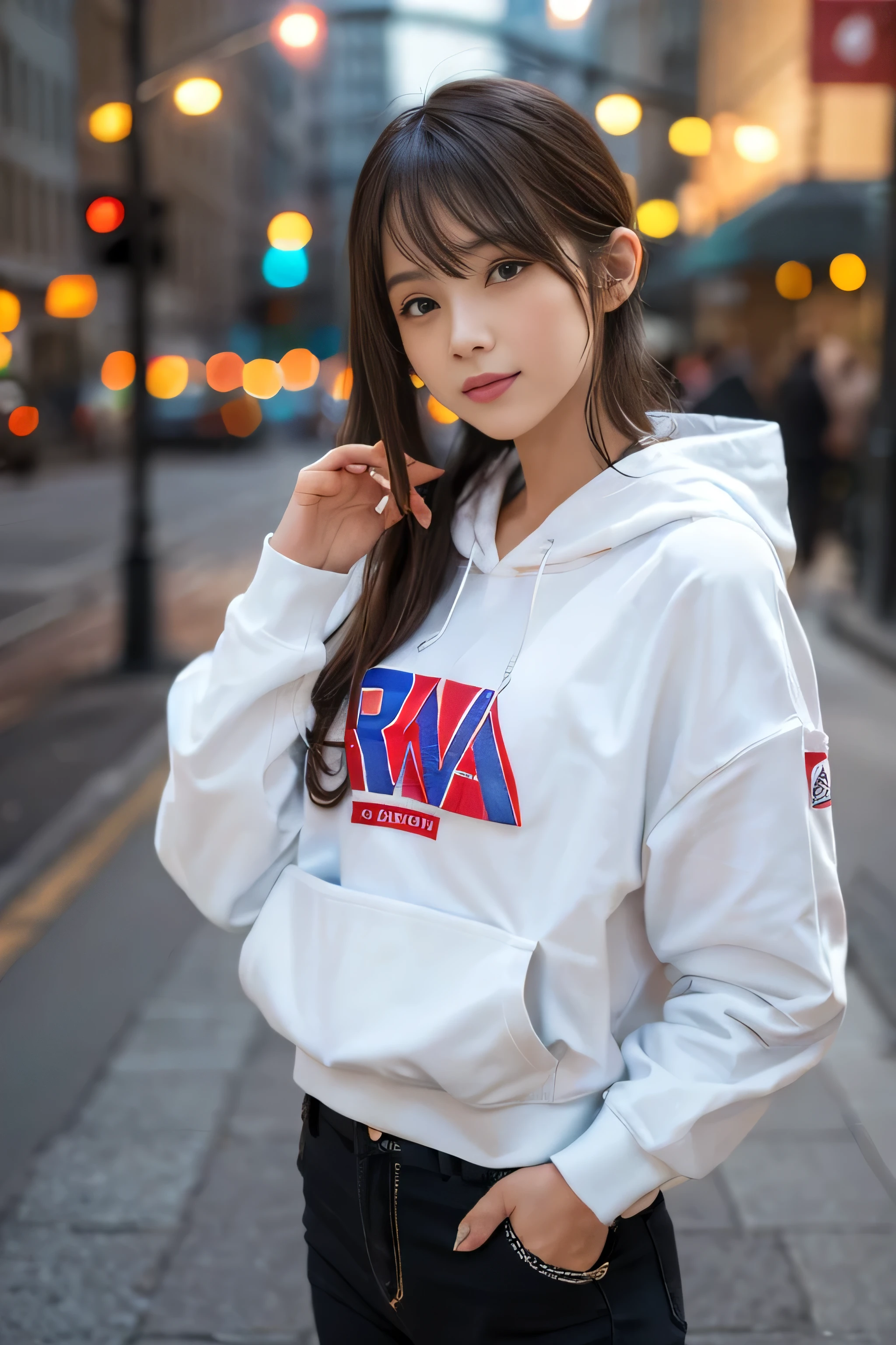 (((RAW Image Quality:1.4))), highest quality, Ultra-high resolution, (Realistic: 1.4), She was wearing a long-sleeved hoodie in spring-like pastel colors..、Active ager photos, Cowboy Shot, Random Pause、