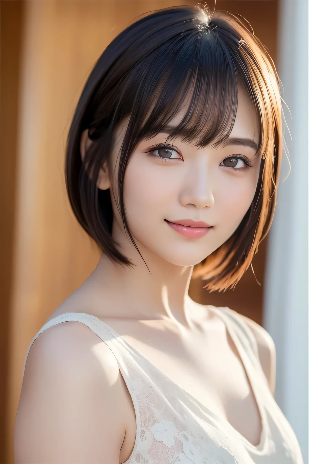 (highest quality:1.5)、(Realistic:1.5)、(1 person:1.5)、(Upper Body:1.5)、Very detailed、High resolution、8k wallpaper、、Small breasts、Natural color lips、Cute Smile、Japanese women、20-year-old girl、Beautiful and elegant face、Perfect and beautiful face、Big eyes、Brunette eyes、Beautiful and elegant face、Natural double eyelids、Natural Bangs、Beautiful thin nose、Beautiful Skin、Chestnut Hair、Medium Bob Hair、Short Hair、Natural Bangs、Perfect and beautiful face、Slim face and figure、(Looking at the camera with a cute expression)、Bright lighting、Professional Lighting、Forward lighting、Cute Smile、Ceremony venue、dress、Beautiful cleavage、mini skirt、Facing forward、Simple poses、Fair skin、slender、