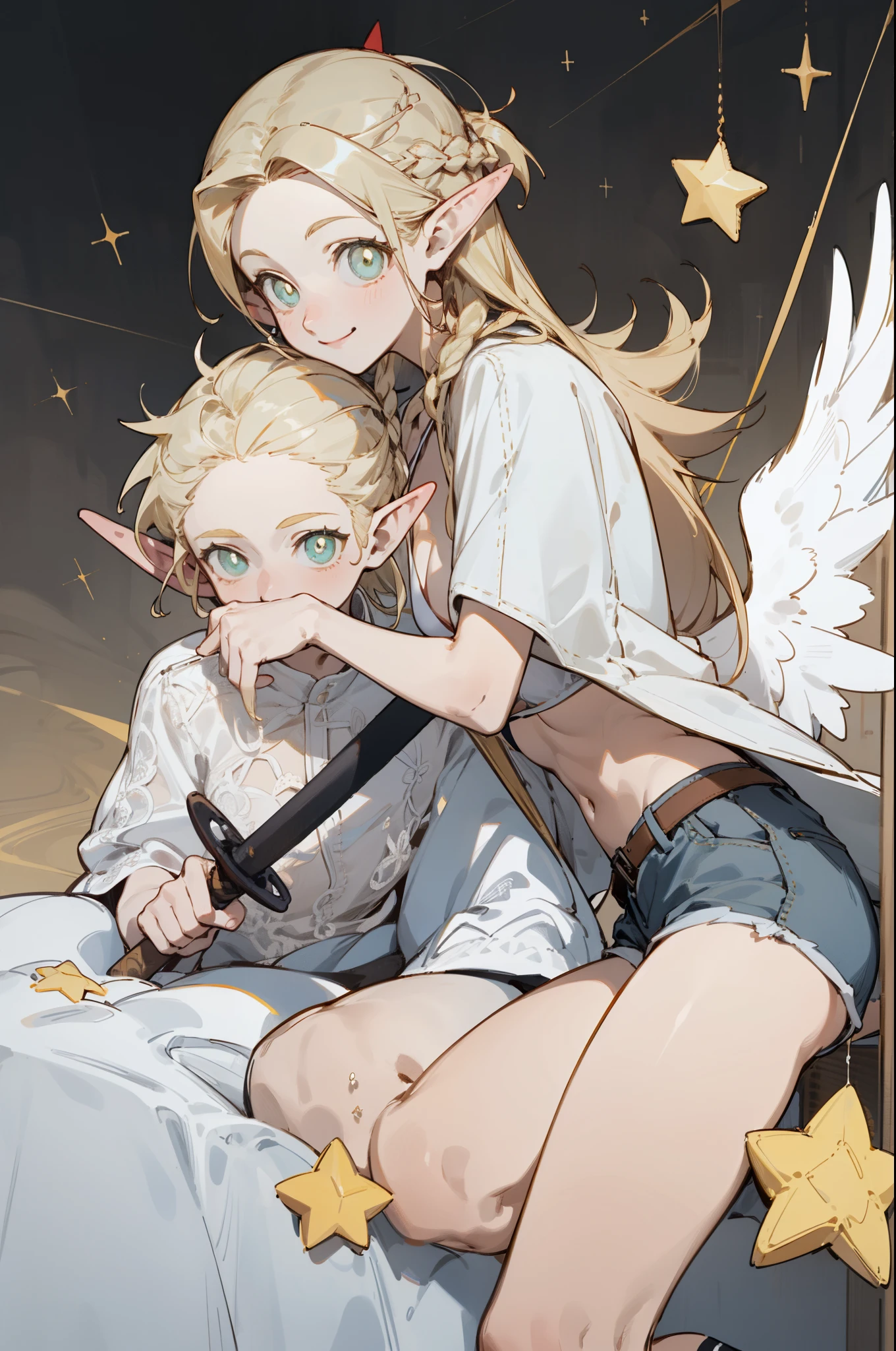 Wearing a bikini、Wearing a hat and a sword, Wearing headphones,(masterpiece, best quality) detailed,silver accessories , Blonde ,elegant, Pointed ears ，White shirt，shorts，Double tail，Waist-length hair，Smile，Star decoration，White lace socks，Angel