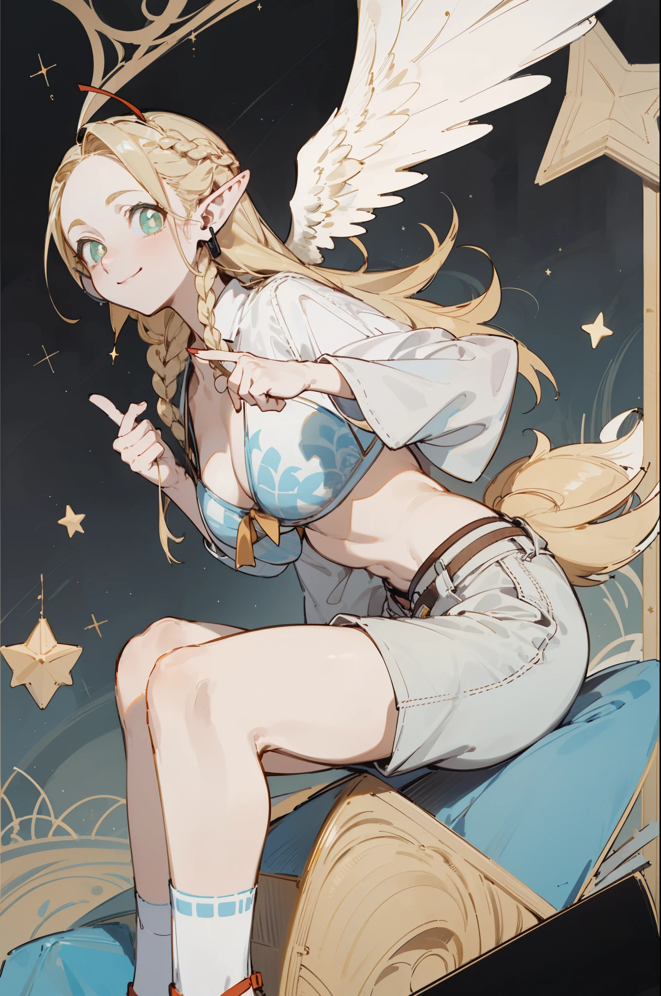 Wearing a bikini、Wearing a hat and a sword, Wearing headphones,(masterpiece, best quality) detailed,silver accessories , Blonde ,elegant, Pointed ears ,White shirt,shorts,Double tail,Waist-length hair,Smile,Star decoration,White lace socks,Angel