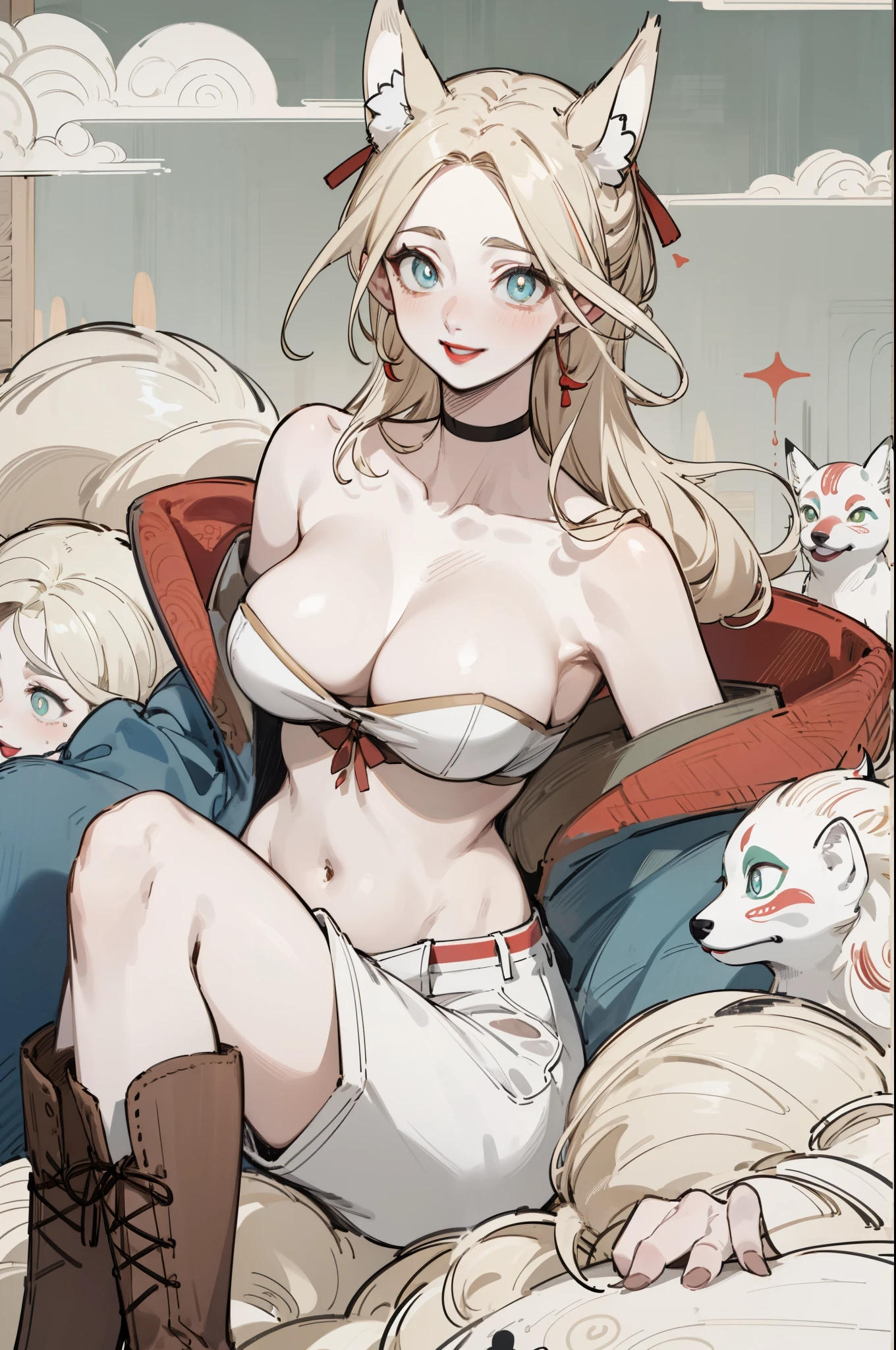 White skin, (Fox ears), Exquisite eyes,Red Eyeshadow, Red lips,White shorts,Fake laugh, Ukiyo-e, masterpiece, high quality, at the lowest limit, Tiny,White boots,Huge breasts,Exposing shoulders and belly button