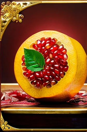 Pomegranate on a gold rococo writing desk、Cracked and red々A bee swarms on a juicy fruit.。Hyperrealism、8k