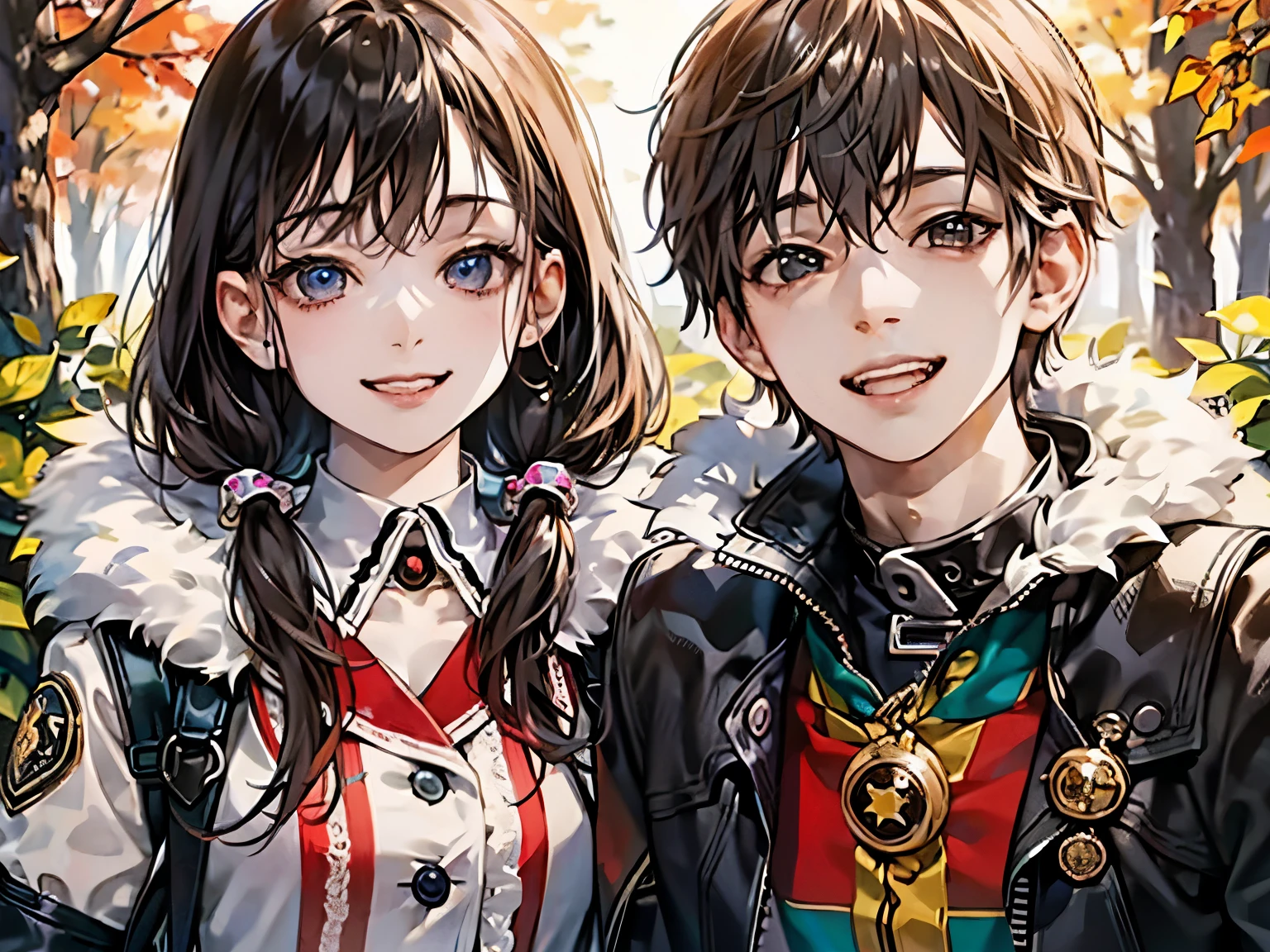 A boy and a girl facing the camera,,Positive face,Smile,high details, UHD, high quality
