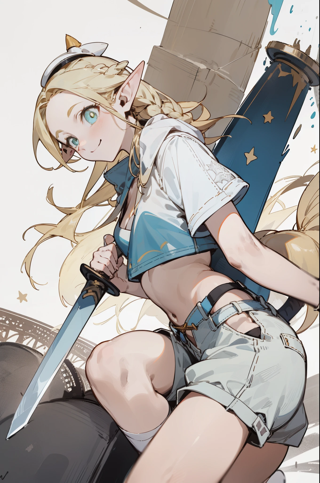Wear a bikini、Wearing a hat and a sword, Put on your headphones,(masterpiece, best quality) detailed,silver accessories , Blonde ,elegant, Pointed ears ，White shirt，shorts，Double tail，Waist-length hair，Smile，star decoration