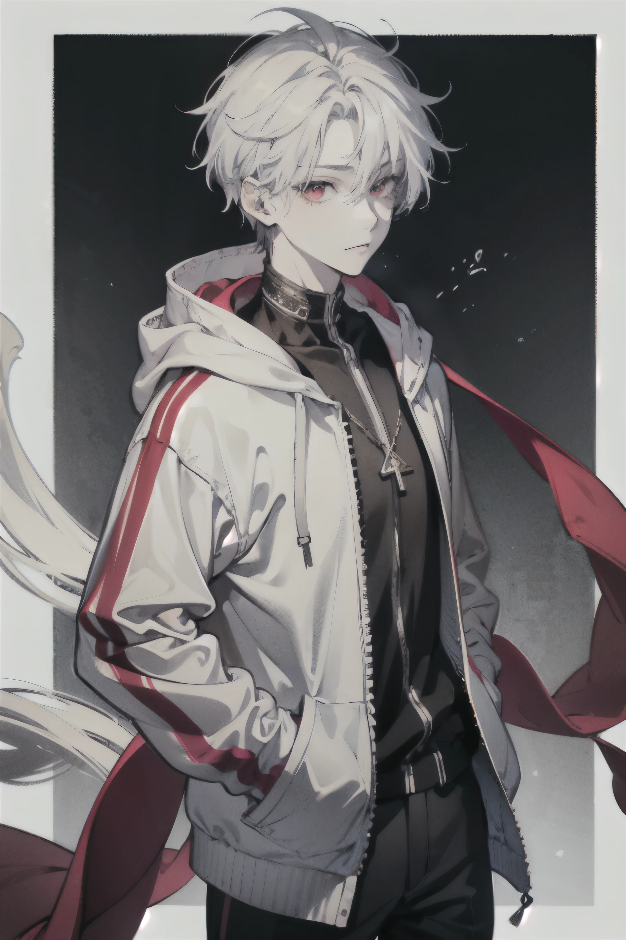 , Red eyes and androgynous expression, Wearing a white hoodie, short hair, White skin and white hair, On a gray background, He has his hands in his pockets and is looking directly at the viewer..