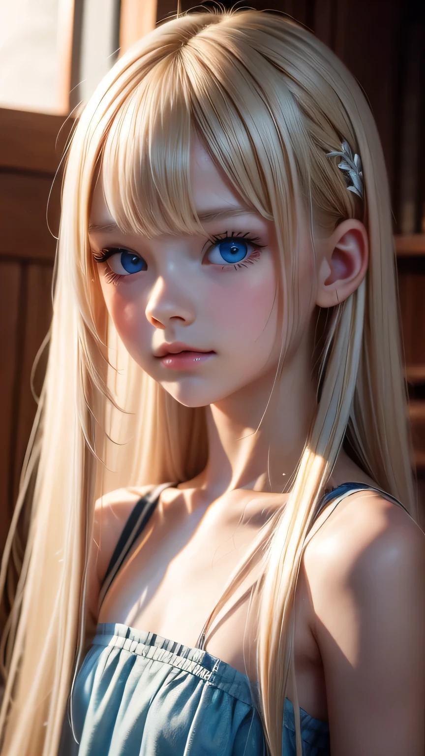 high quality, 最high quality, photo-Realistic, Raw photo, Realistic, ultra Realistic 8k cg, Ultra-detailed, High resolution, masterpiece, 1 Girl, Super long blonde hair, Super long natural platinum blonde hair, Super long straight silky hair、bangs over eyes、Very bright blue eyes, Face and eye details, close, Intricate details, Fine texture, In detail,Small Face Girl、16-year-old Nordic beauty