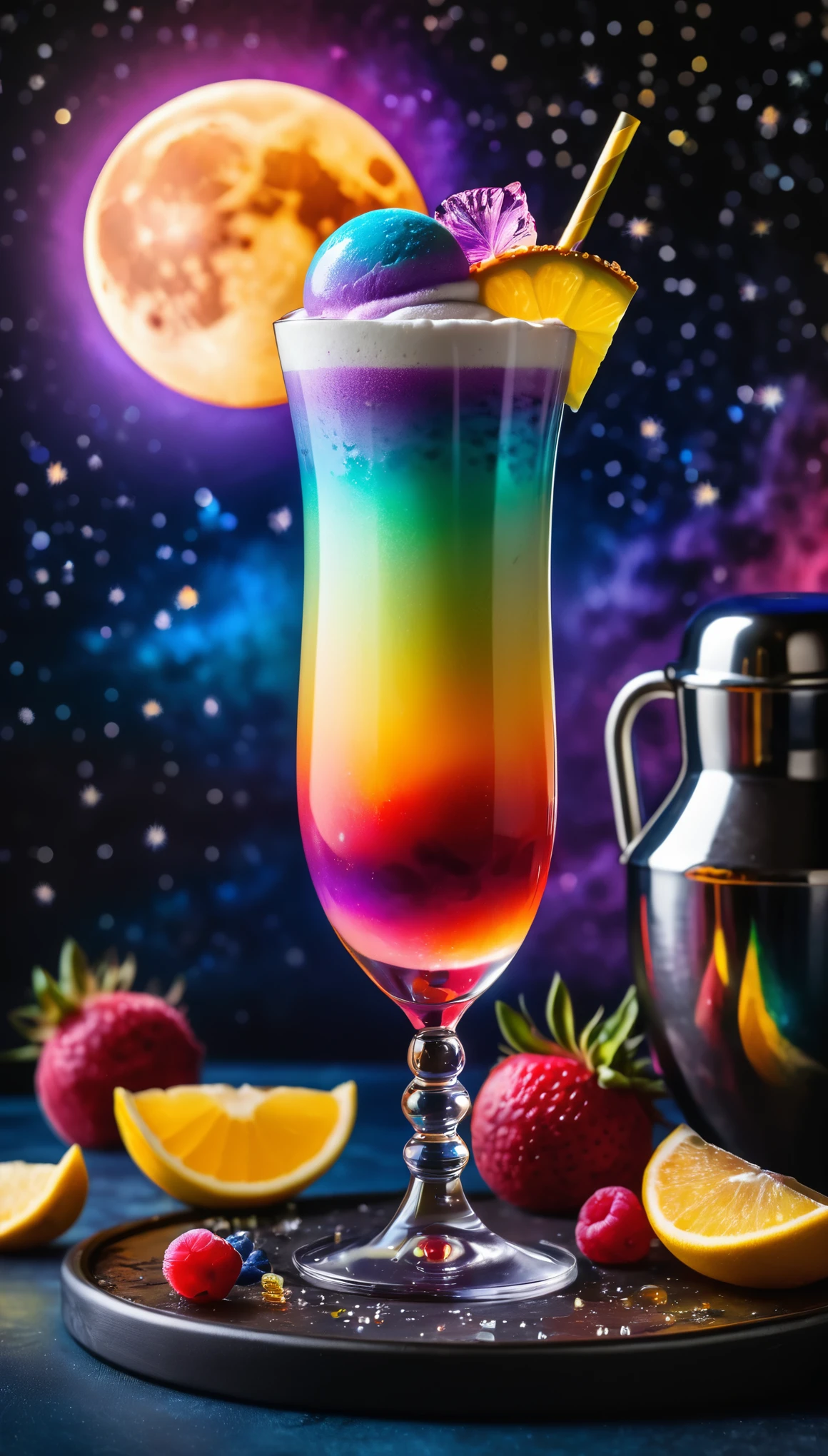 best quality, super fine, 16k, beautiful cocktail drink with many layers of color, long glass, beautifully colored cocktails, booth cafes, gradations, iridescent ice cream float toppings, works that look like product advertisements, background full moon in the night sky