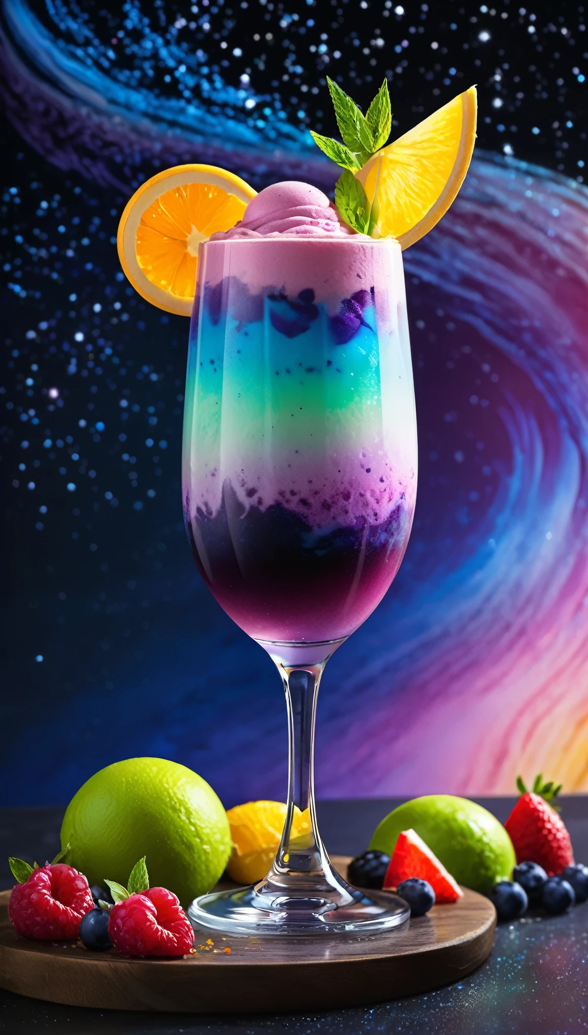 best quality, super fine, 16k, beautiful cocktail drink with many layers of color, long glass, beautifully colored cocktails, booth cafes, gradations, iridescent ice cream float toppings, works that look like product advertisements, background full moon in the night sky