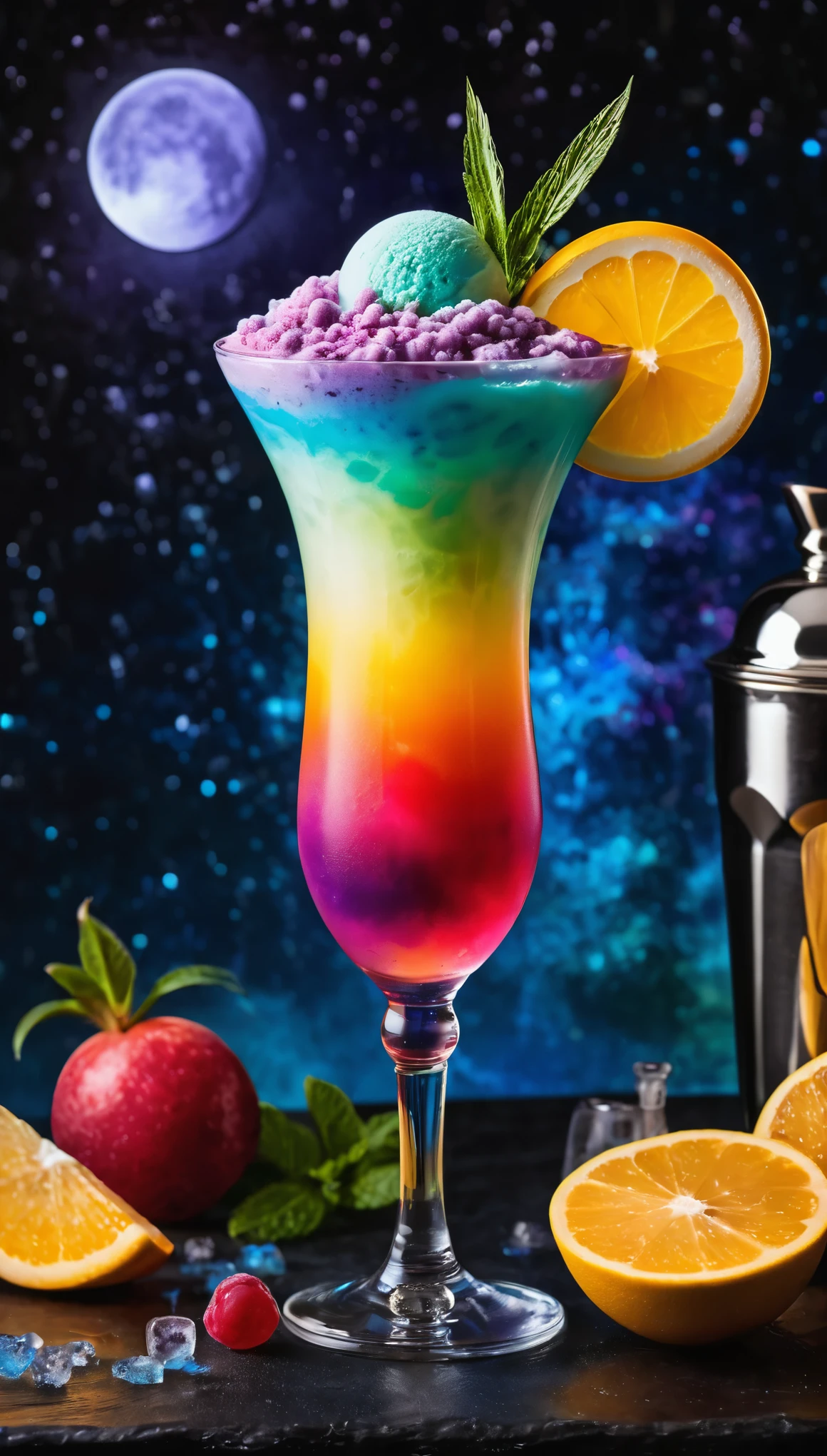 best quality, super fine, 16k, beautiful cocktail drink with many layers of color, long glass, beautifully colored cocktails, booth cafes, gradations, iridescent ice cream float toppings, works that look like product advertisements, background full moon in the night sky
