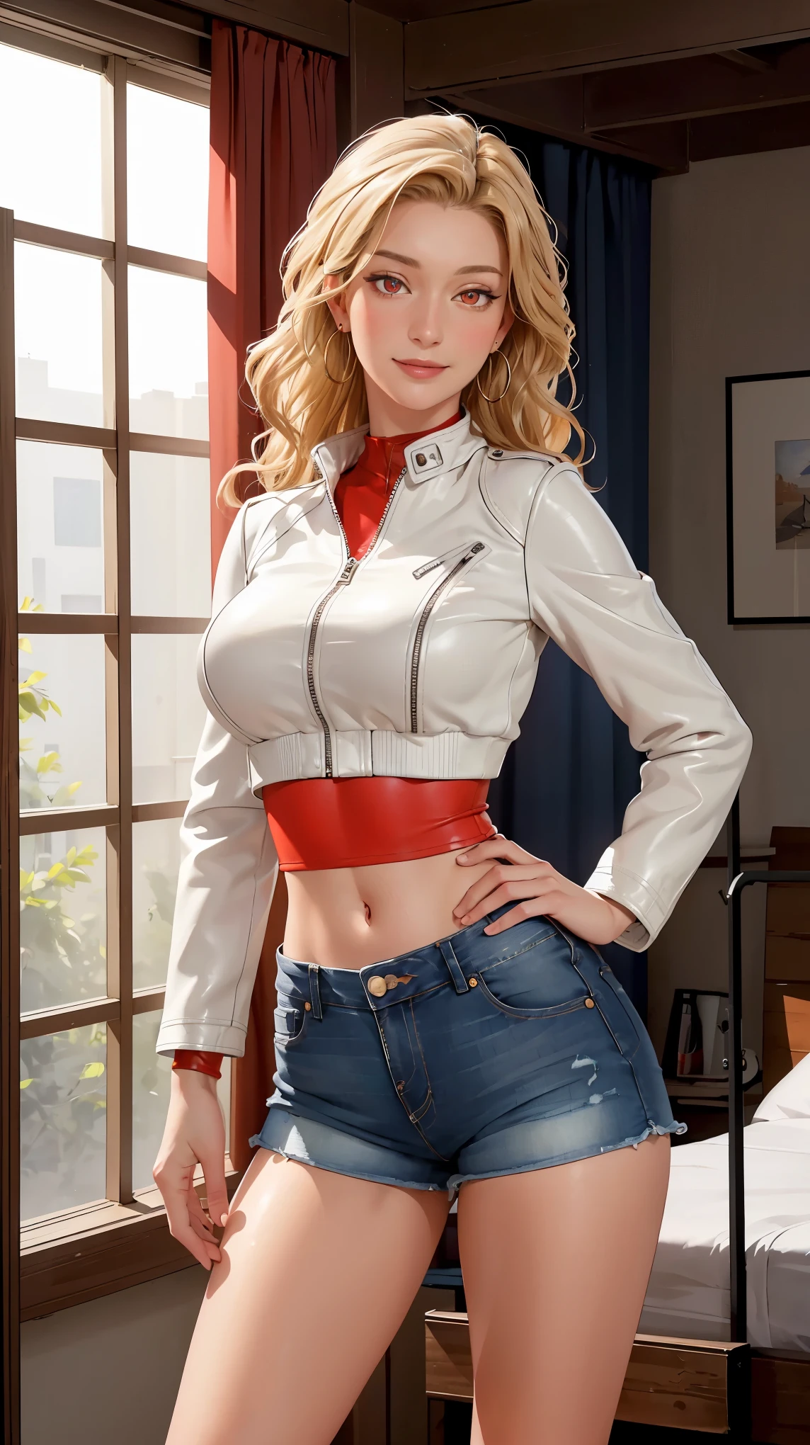 ((((masterpiece, best quality, high resolution)))), Extremely detailed 8K, Beautiful girl with voluptuous body, (Ultra HD, Ultra-detailed, Highly detailed, Highly realistic, Ultra-realistic, photograph realistic), (1girl:1.5), (Realistic blonde hair), (long wavy hair, hair ornaments, earrings), (dynamic poses), facing at camera, looking at viewer, (blushing red, embarrassed, smile), (red eyes, sharp eyes), (large perky breasts:1.2), (beautiful detailed face, beautiful detailed eyes), ((white crop top, leather jacket, jeans shorts)), (arms tattoo), (standing up), hand on hips, sweat, glow, (sunbeam, sunlight), ((cowboy shot)), bedroom, seductive