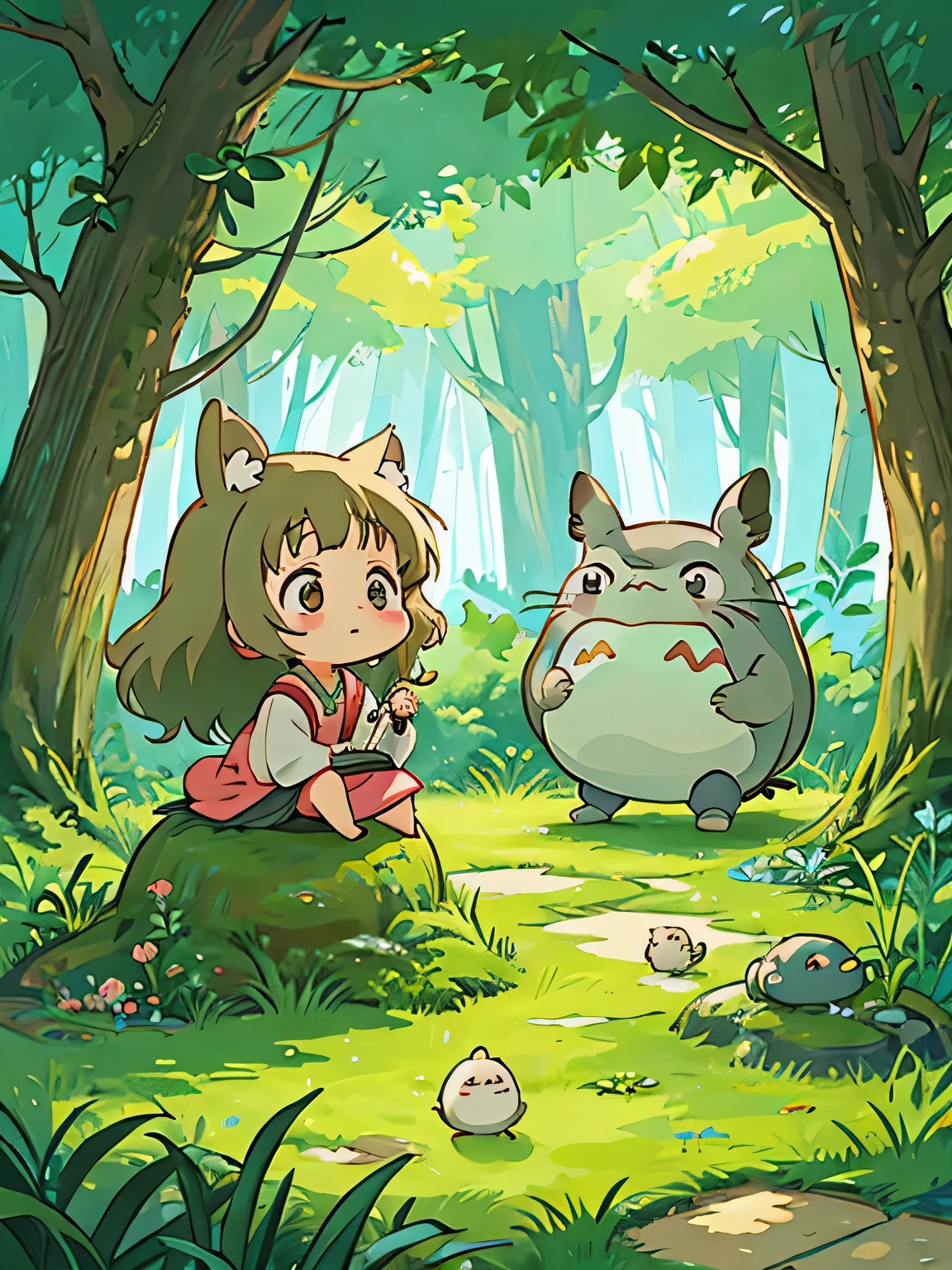 hayao miyazaki style, Kawaii Design, The most beautiful girl of all time、Chibi, Cute lady、play together、Totoro Forest
