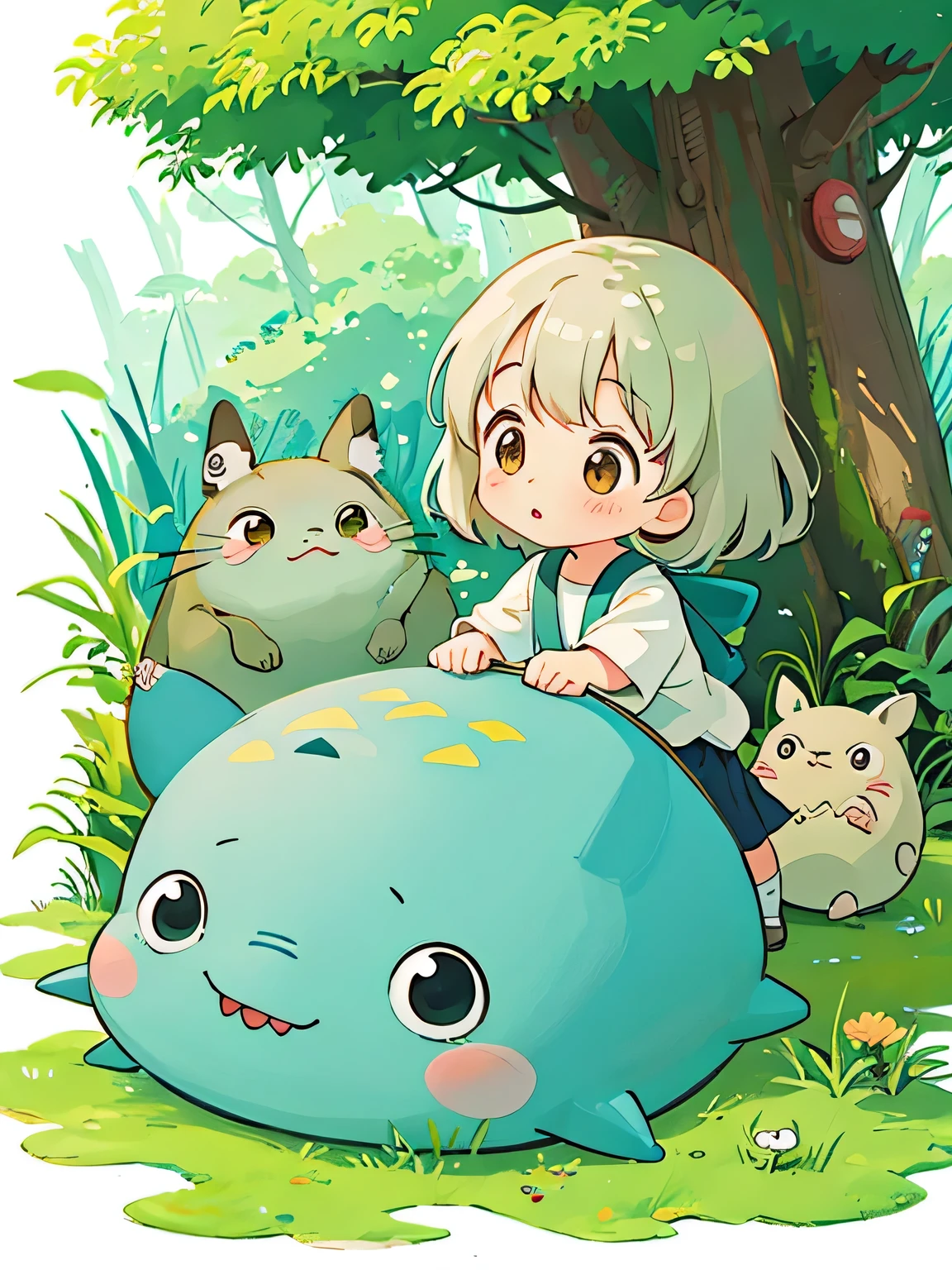 hayao miyazaki style, Kawaii Design, The most beautiful girl of all time、Chibi, Cute lady、play together、Totoro Forest