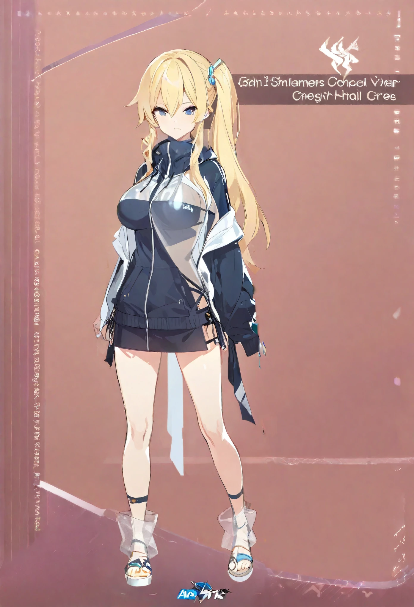 One Girl,shirt,Stylish swimwear,Jacket,See-through,Bangs that extend between the eyes,Half Hair,Blonde,Side Ponytail,Gal,Concept Art,whole body,Are standing,bright,Simple background gray,Smuggle,Large Breasts,
